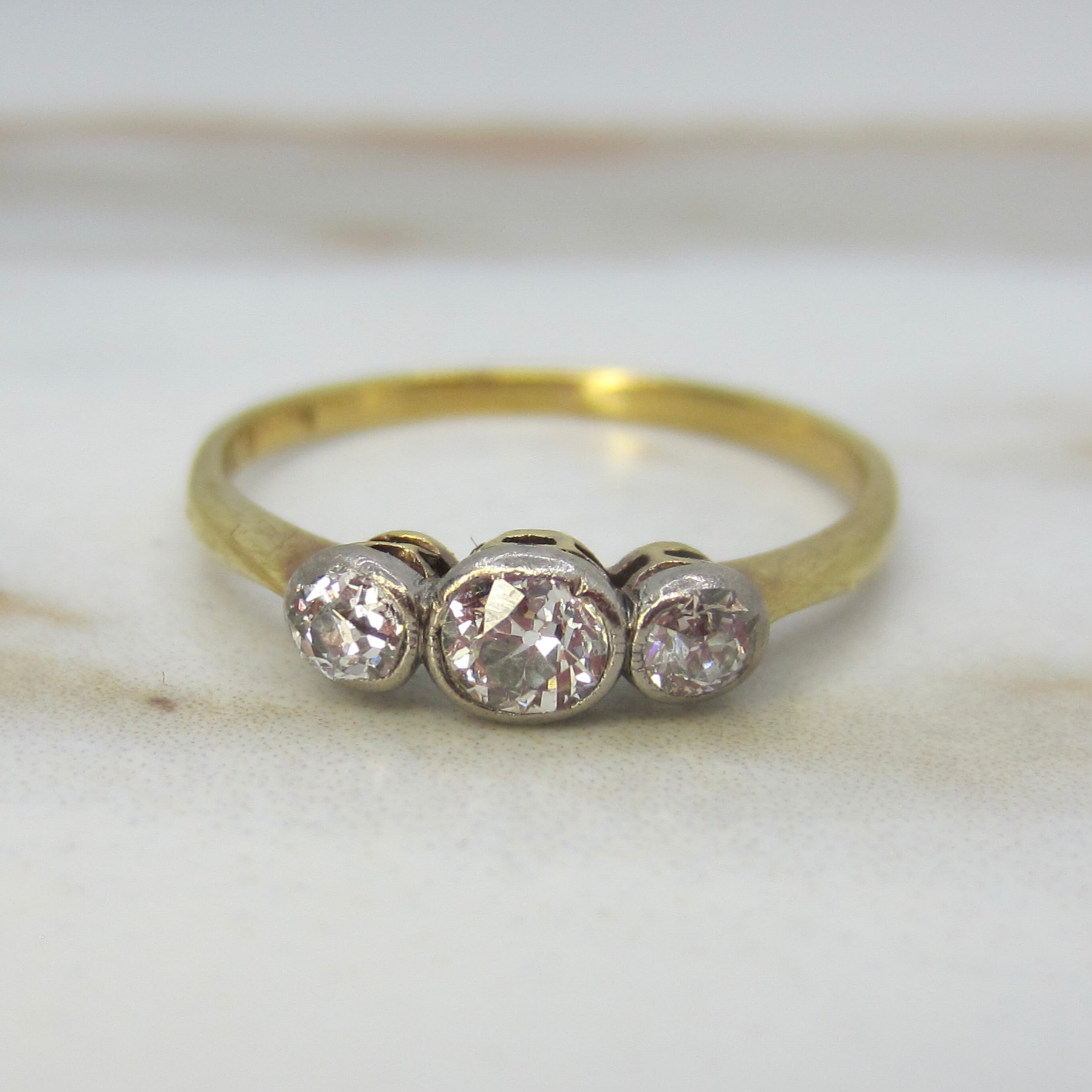 Antique Edwardian Old Mine Cut Diamond Three Stone Stacking Band Ring 18k Gold and Platinum c.1900