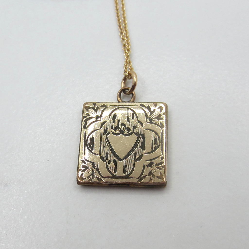 Antique Gold Filled Engraved Square Locket Necklace | Victorian Floral Heart Locket Pendant