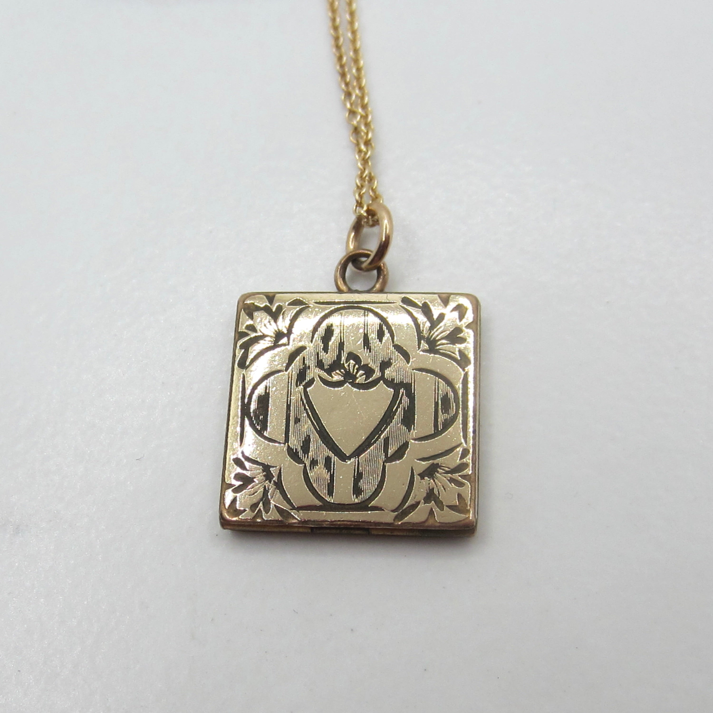Antique Gold Filled Engraved Square Locket Necklace | Victorian Floral Heart Locket Pendant