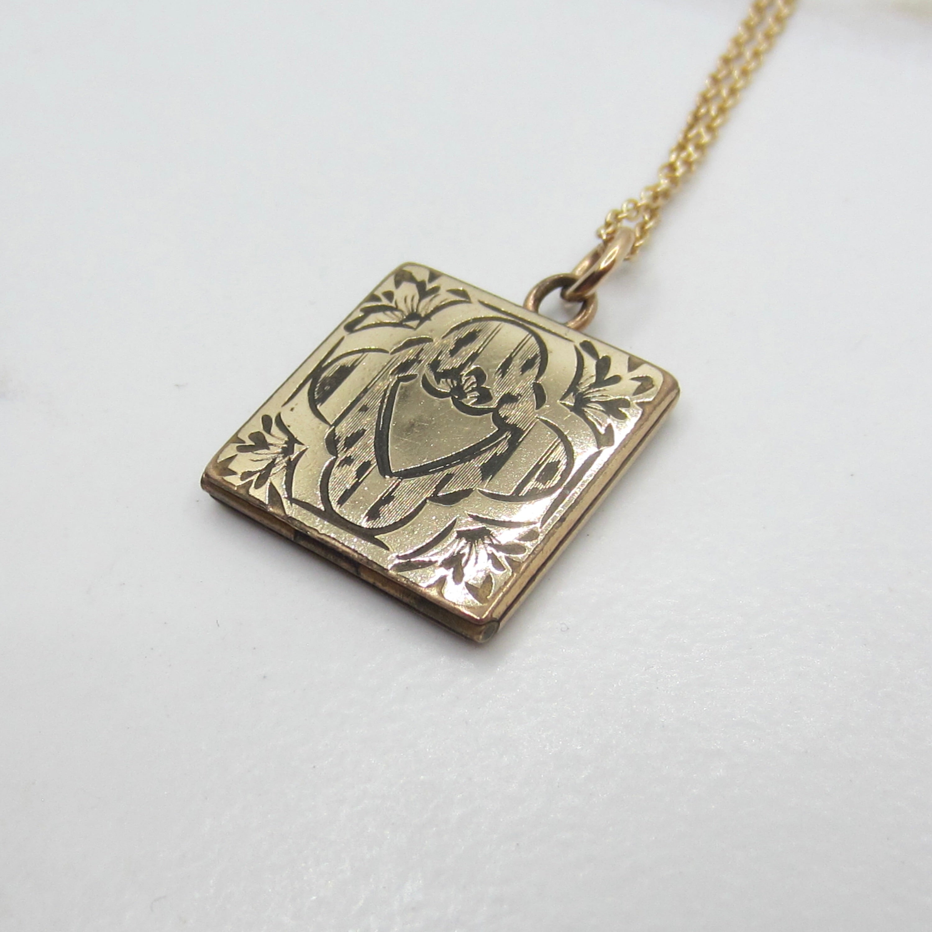 Antique Gold Filled Engraved Square Locket Necklace | Victorian Floral Heart Locket Pendant