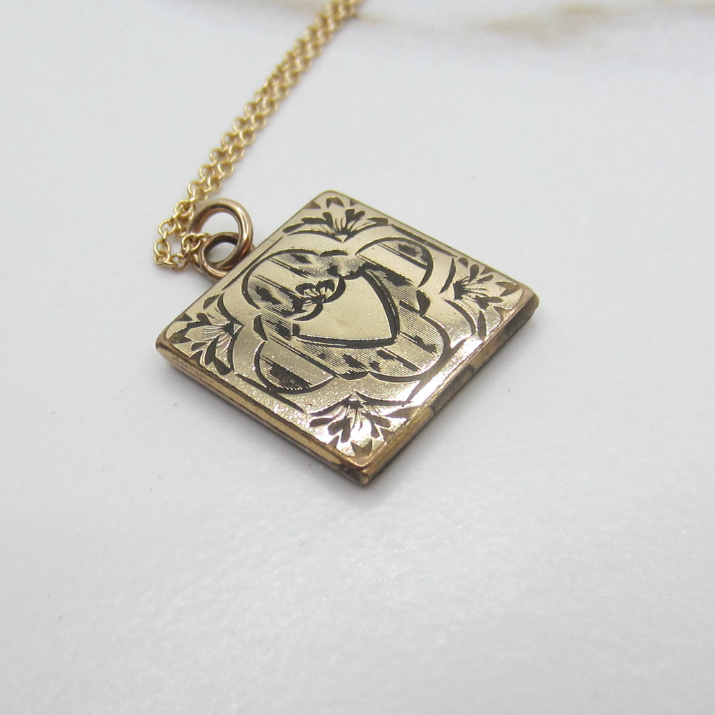 Antique Gold Filled Engraved Square Locket Necklace | Victorian Floral Heart Locket Pendant