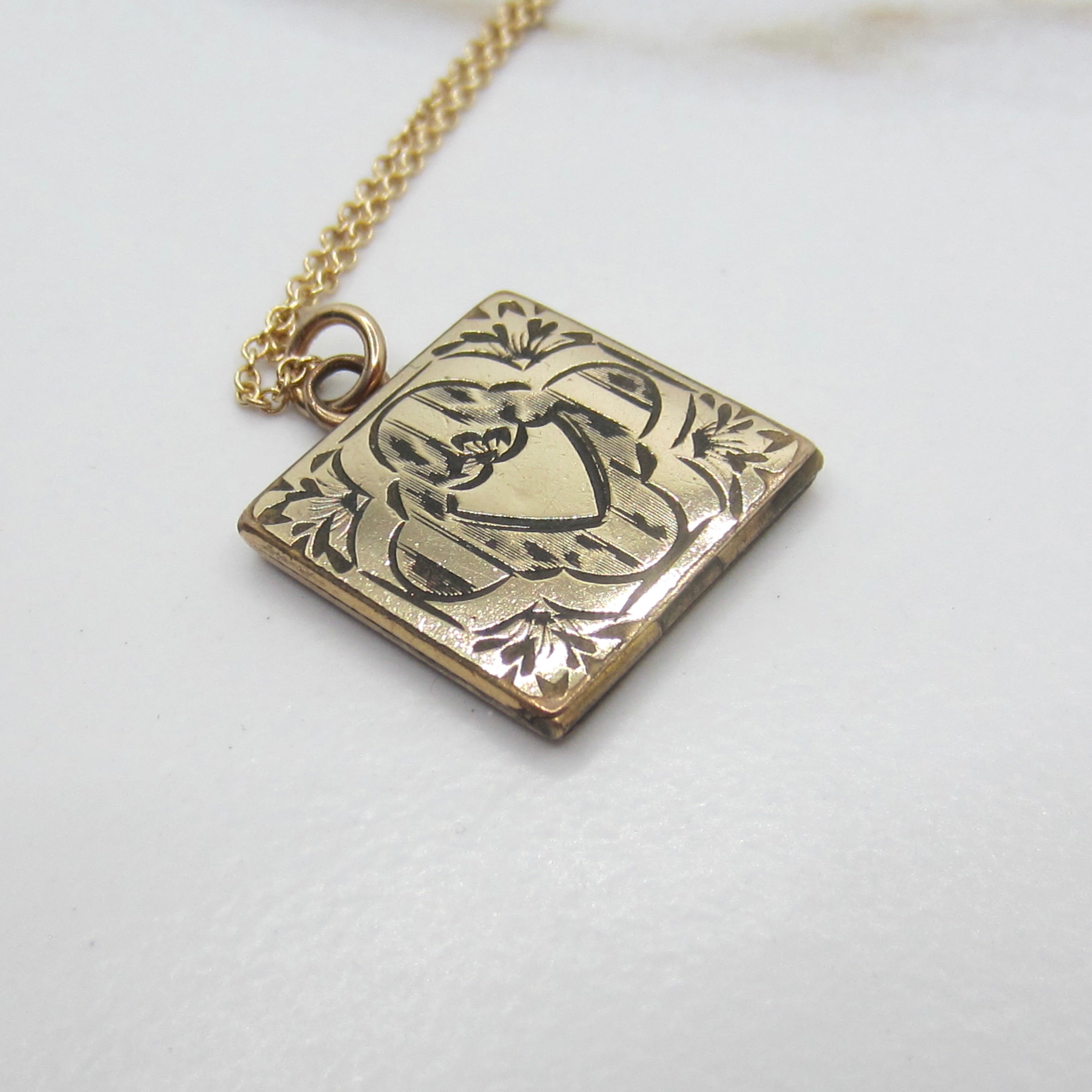 Antique Gold Filled Engraved Square Locket Necklace | Victorian Floral Heart Locket Pendant