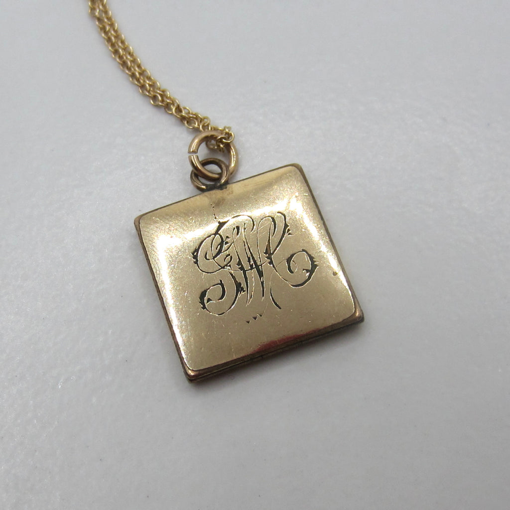 Antique Gold Filled Engraved Square Locket Necklace | Victorian Floral Heart Locket Pendant