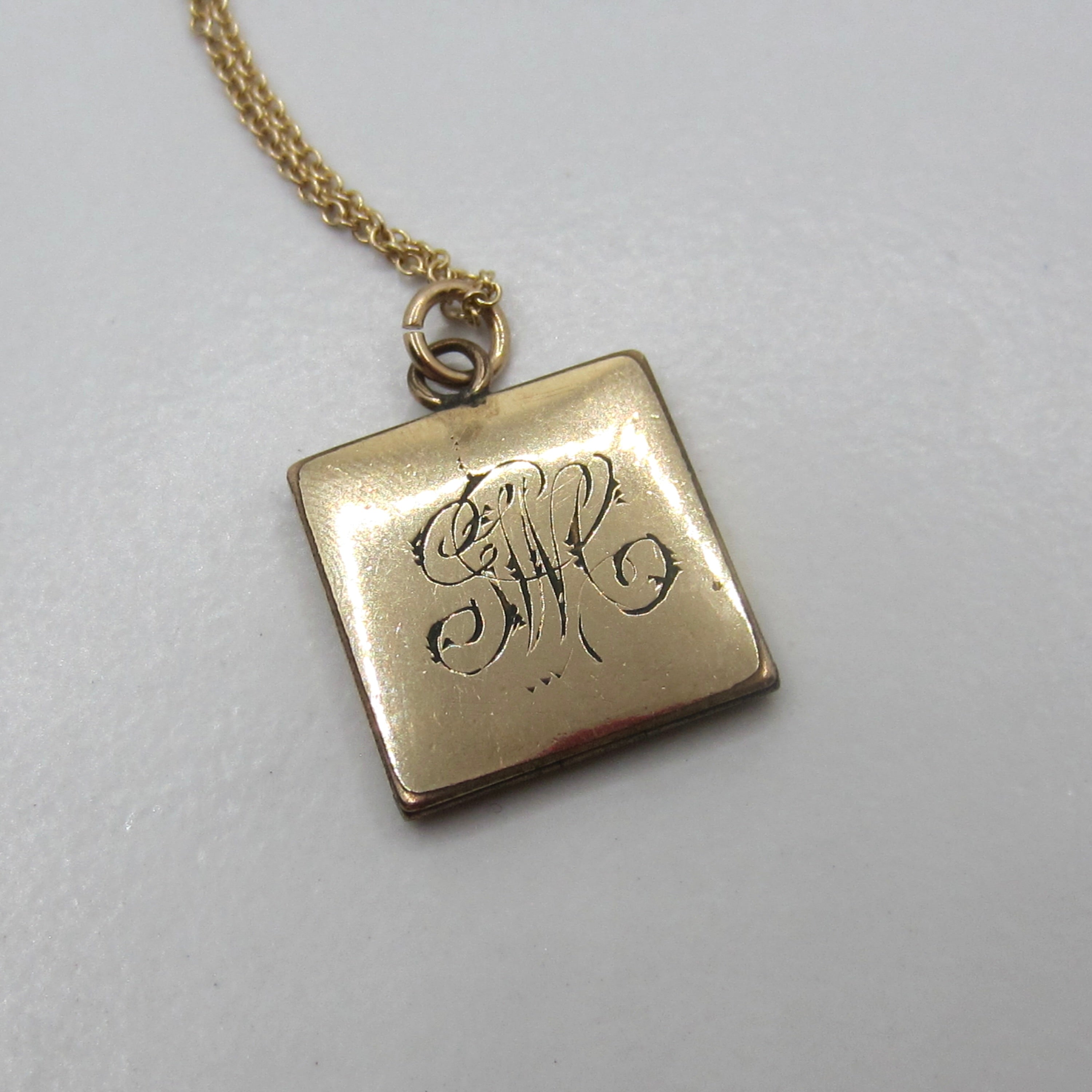 Antique Gold Filled Engraved Square Locket Necklace | Victorian Floral Heart Locket Pendant