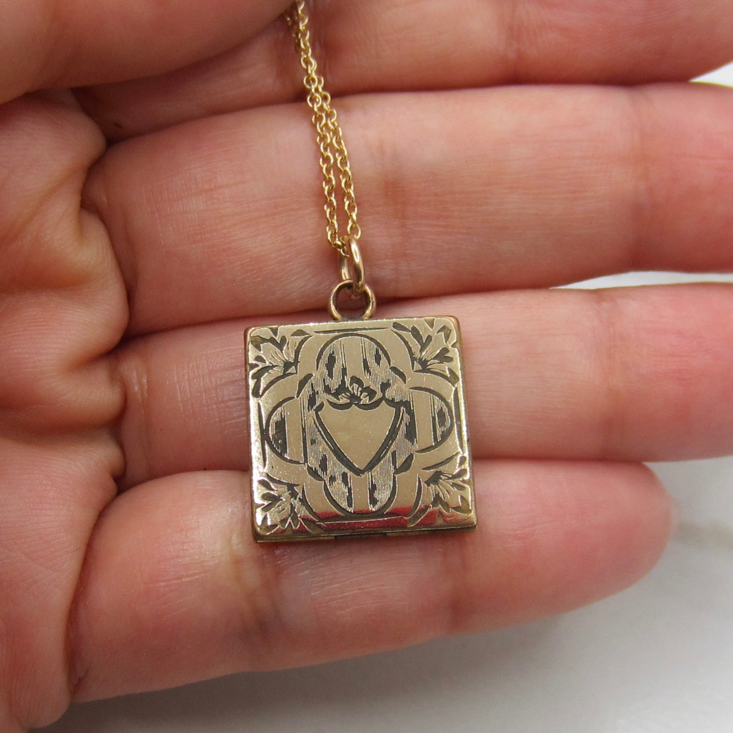 Antique Gold Filled Engraved Square Locket Necklace | Victorian Floral Heart Locket Pendant