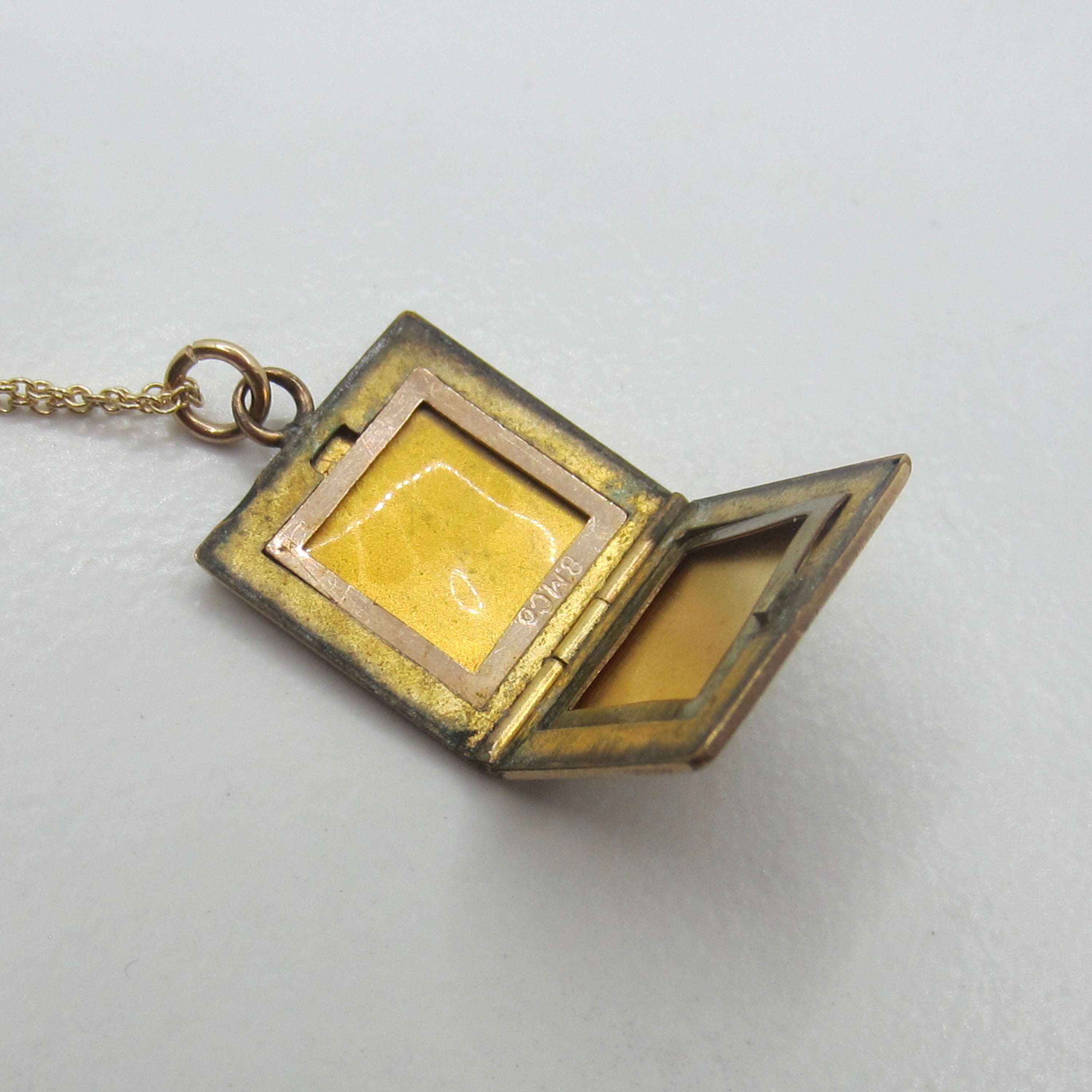 Antique Gold Filled Engraved Square Locket Necklace | Victorian Floral Heart Locket Pendant