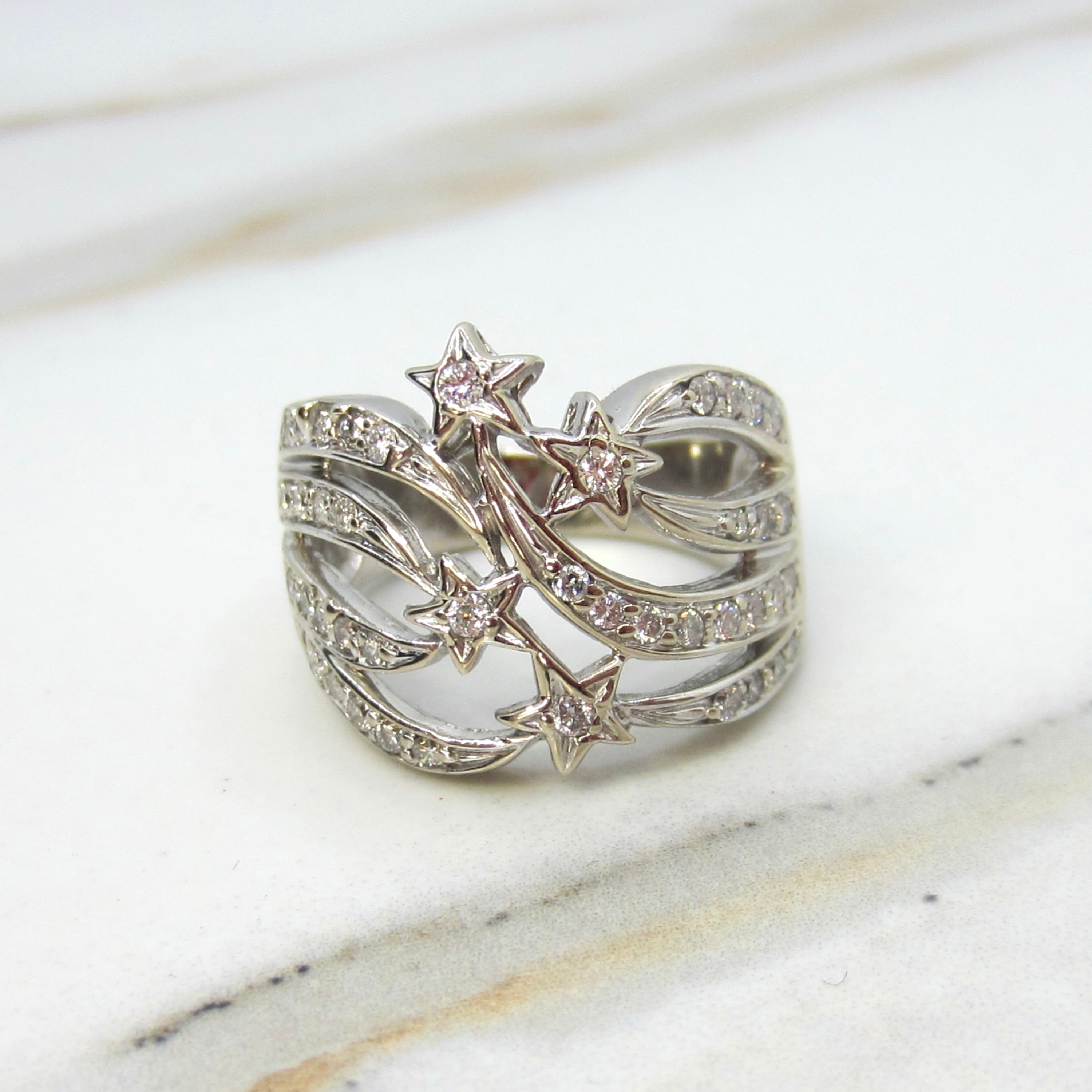 Vintage 14k White Gold Natural Diamond Shooting Star Ring Celestial Jewelry c.1980s
