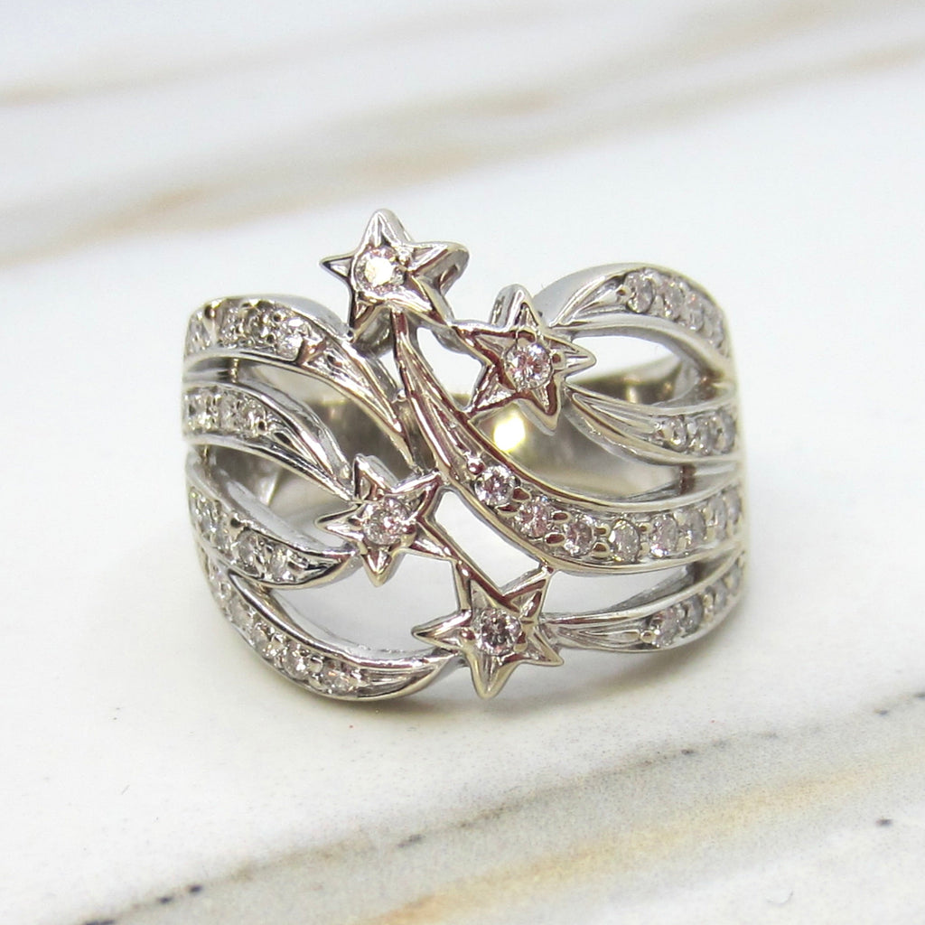 Vintage 14k White Gold Natural Diamond Shooting Star Ring Celestial Jewelry c.1980s