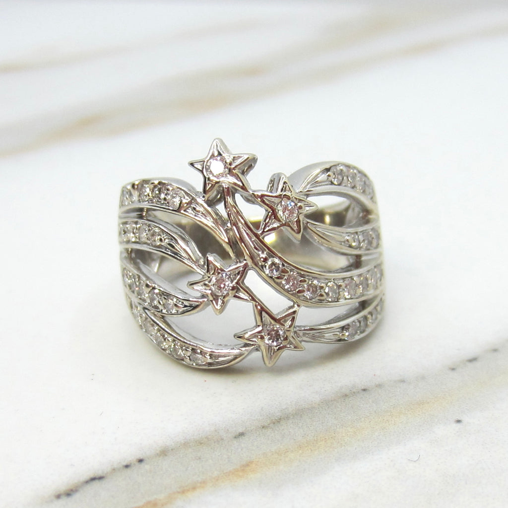 Vintage 14k White Gold Natural Diamond Shooting Star Ring Celestial Jewelry c.1980s