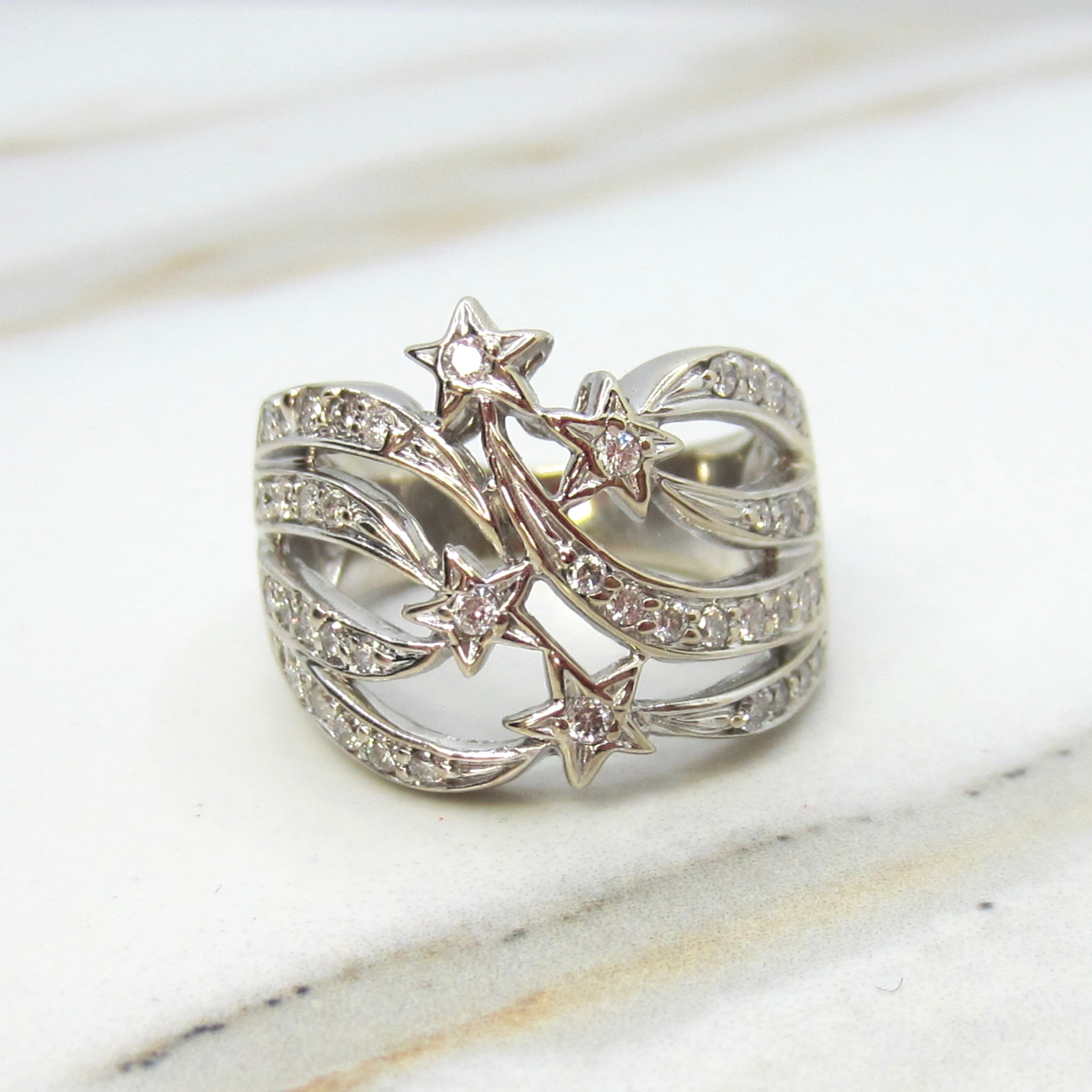 Vintage 14k White Gold Natural Diamond Shooting Star Ring Celestial Jewelry c.1980s