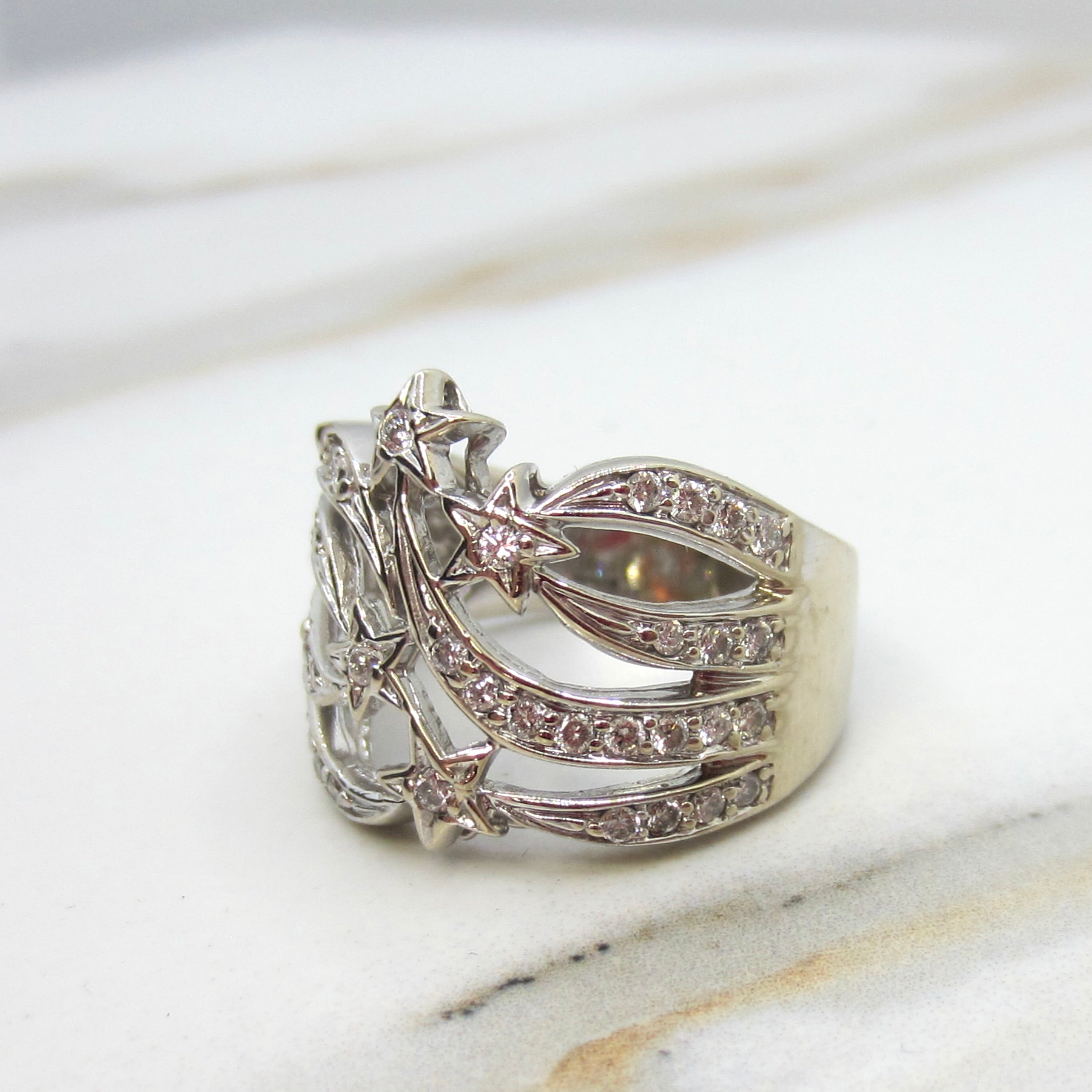 Vintage 14k White Gold Natural Diamond Shooting Star Ring Celestial Jewelry c.1980s