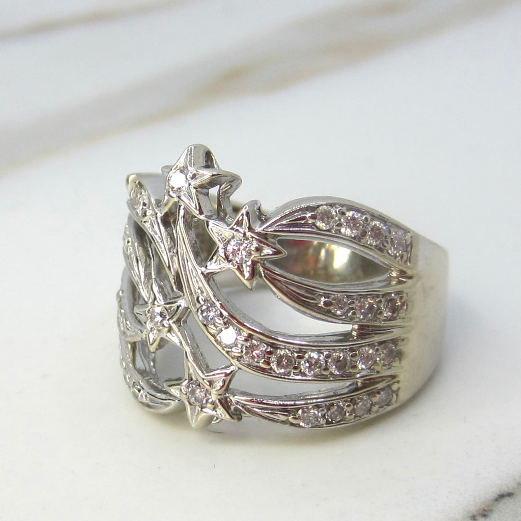 Vintage 14k White Gold Natural Diamond Shooting Star Ring Celestial Jewelry c.1980s