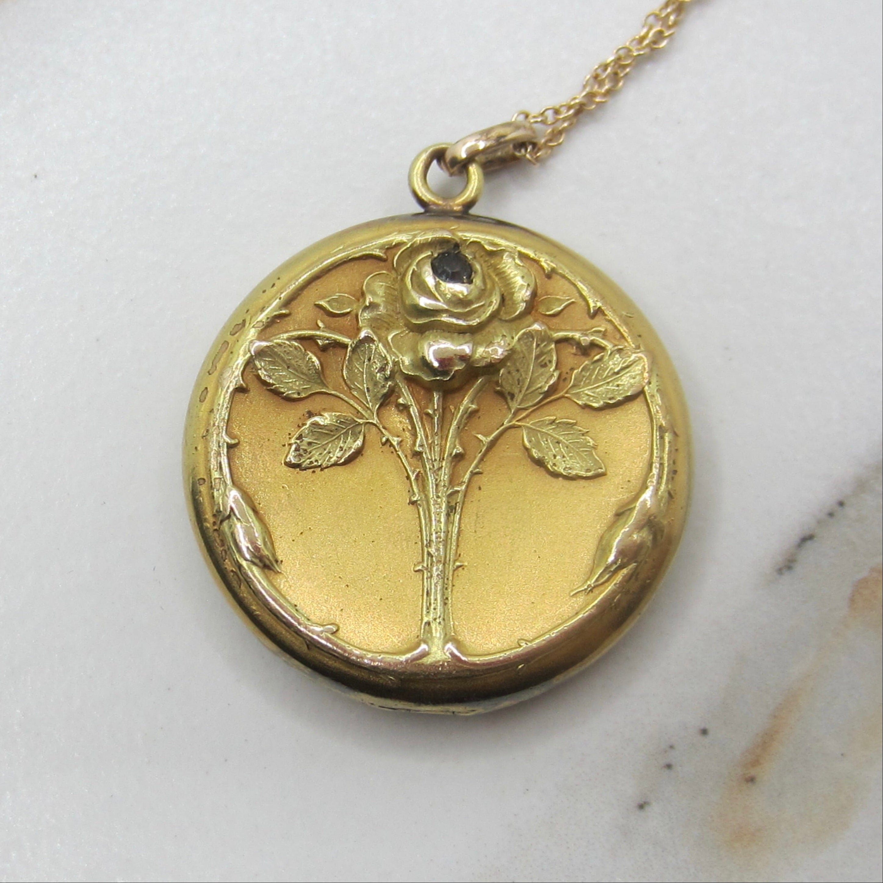 Antique Edwardian Gold Filled Rose Locket With Paste Stone c.1901