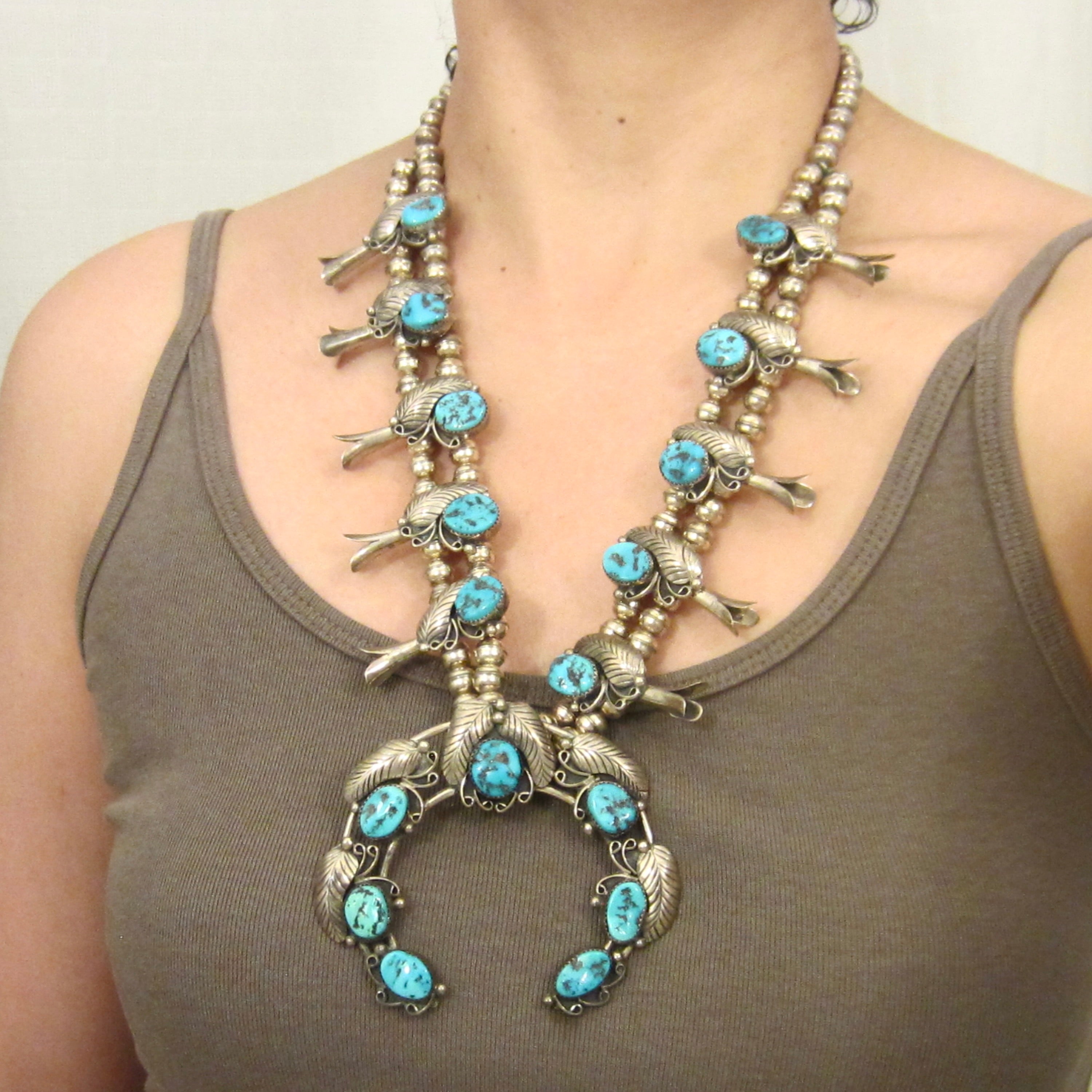 Vintage Navajo Sterling Silver Turquoise Squash Blossom Necklace, Circa 1970s