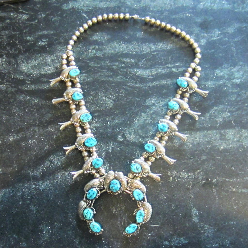 Vintage Navajo Sterling Silver Turquoise Squash Blossom Necklace, Circa 1970s