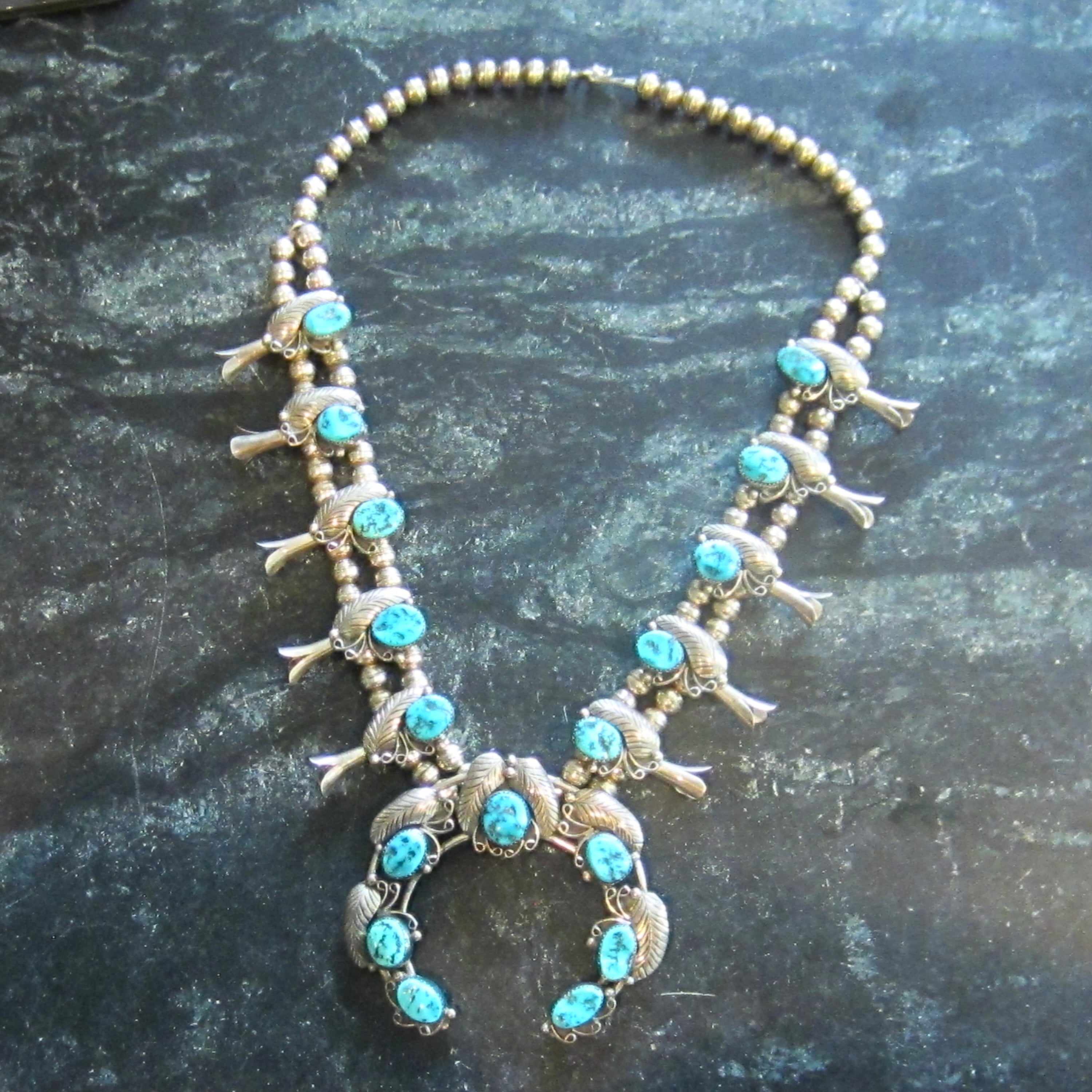 Vintage Navajo Sterling Silver Turquoise Squash Blossom Necklace, Circa 1970s