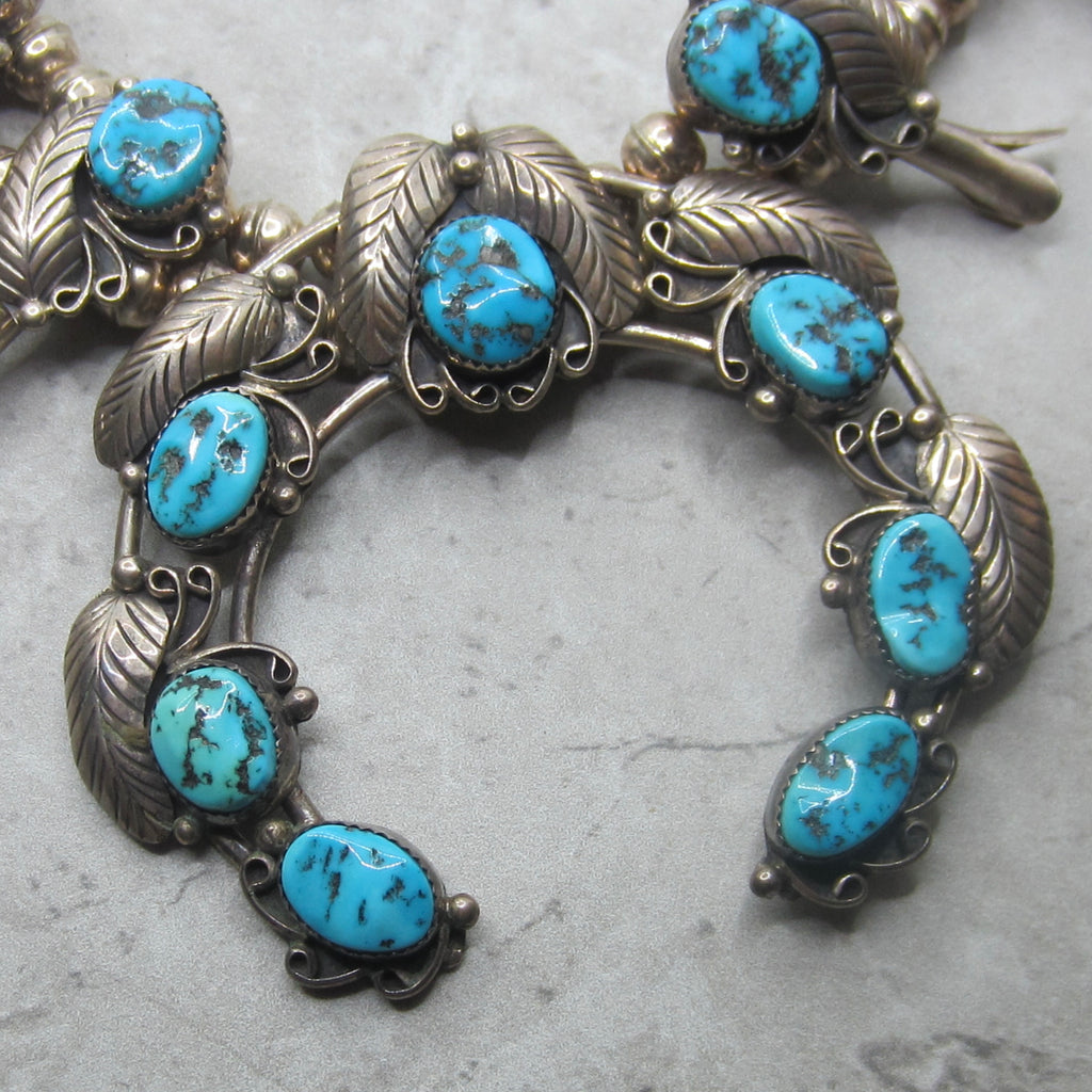 Vintage Navajo Sterling Silver Turquoise Squash Blossom Necklace, Circa 1970s