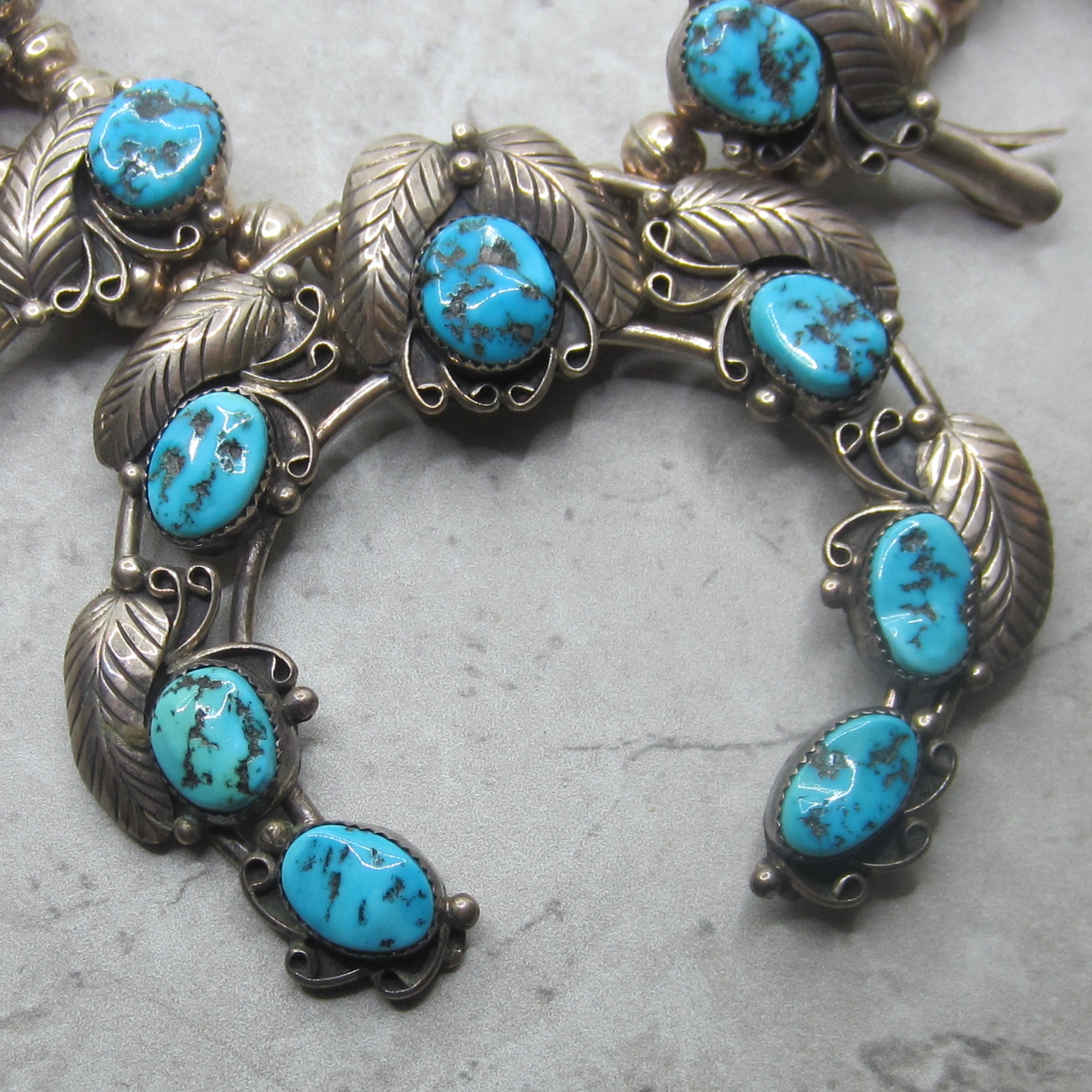 Vintage Navajo Sterling Silver Turquoise Squash Blossom Necklace, Circa 1970s