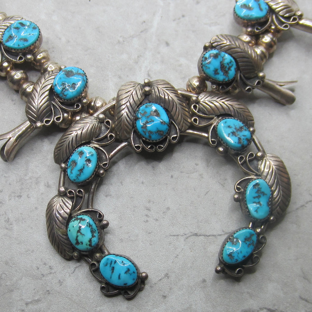 Vintage Navajo Sterling Silver Turquoise Squash Blossom Necklace, Circa 1970s