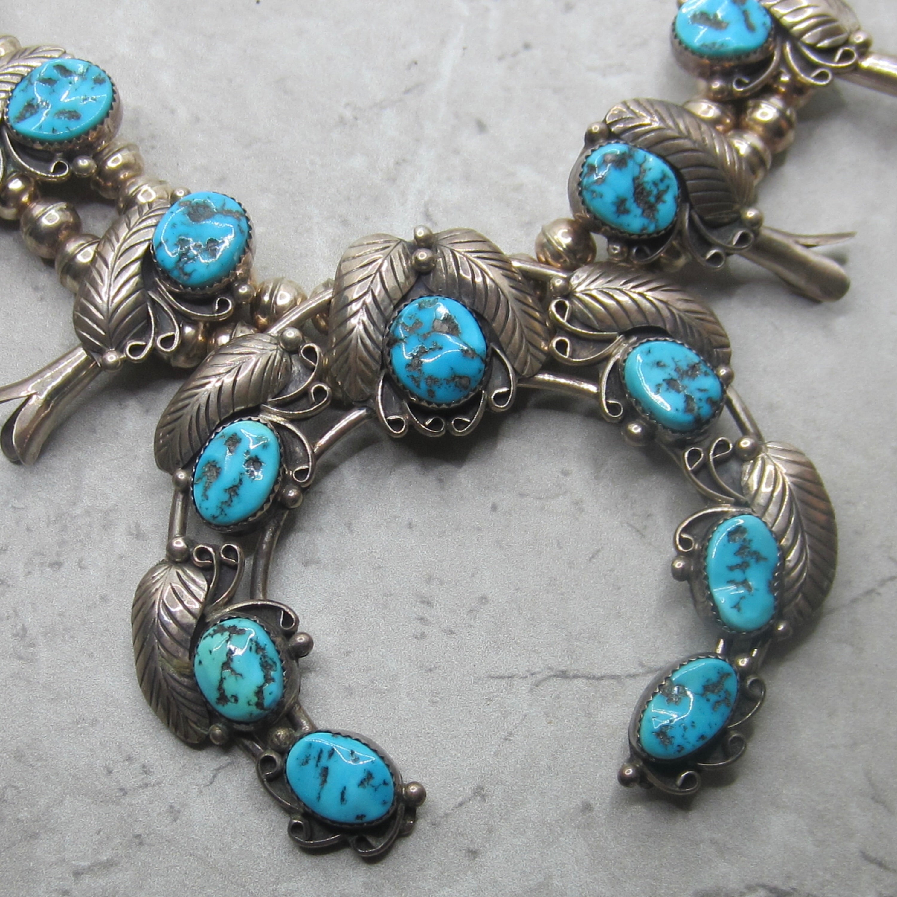 Vintage Navajo Sterling Silver Turquoise Squash Blossom Necklace, Circa 1970s