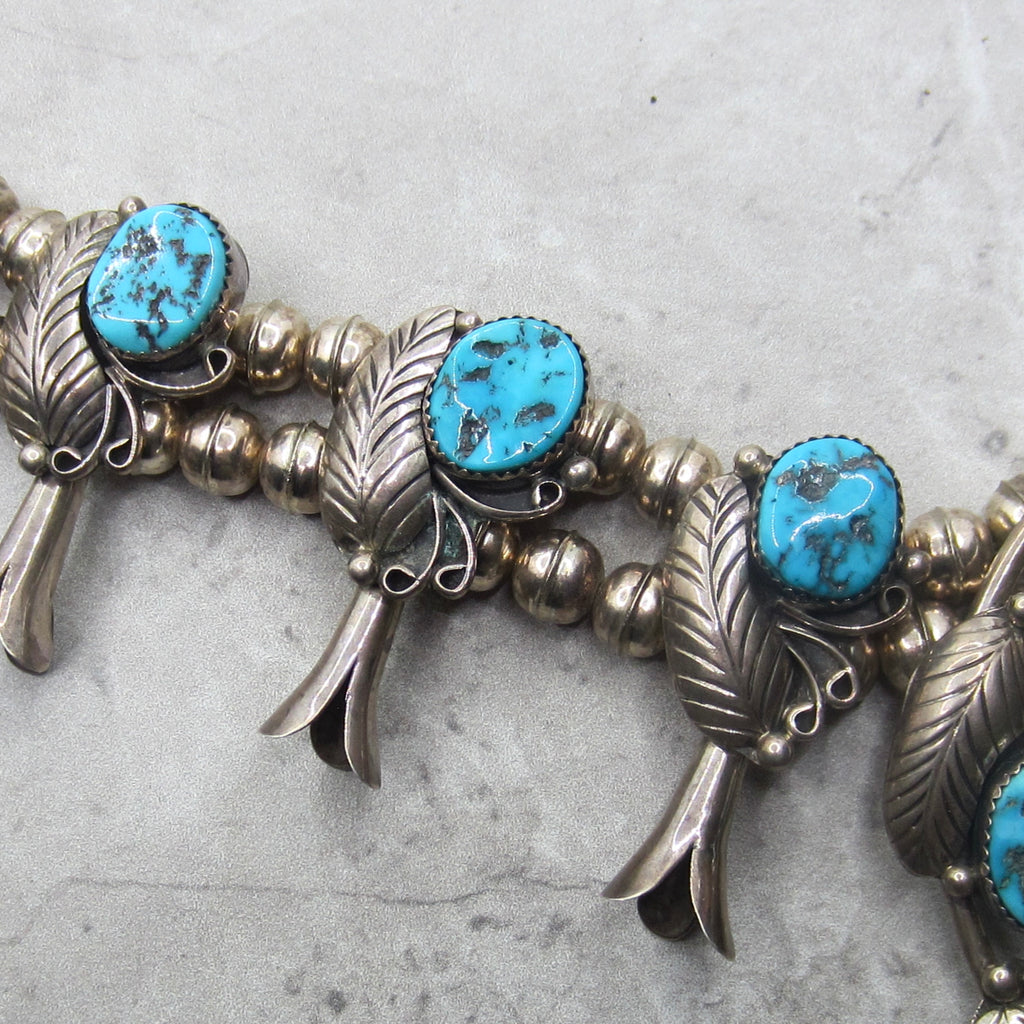 Vintage Navajo Sterling Silver Turquoise Squash Blossom Necklace, Circa 1970s