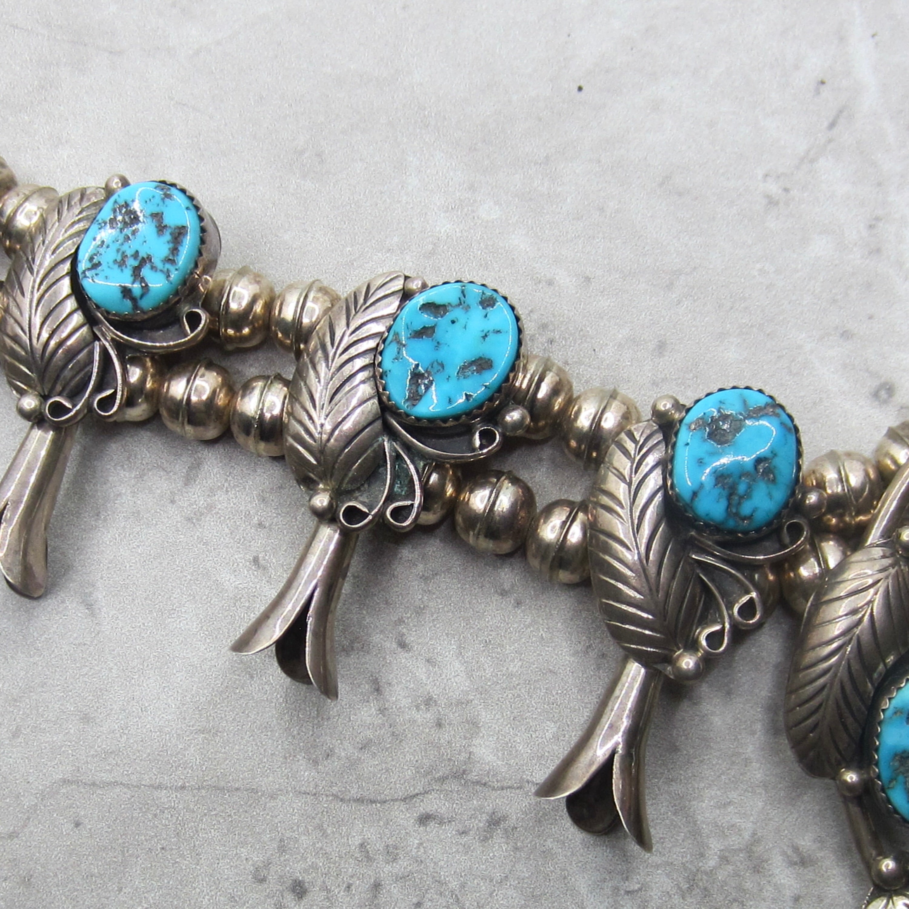 Vintage Navajo Sterling Silver Turquoise Squash Blossom Necklace, Circa 1970s