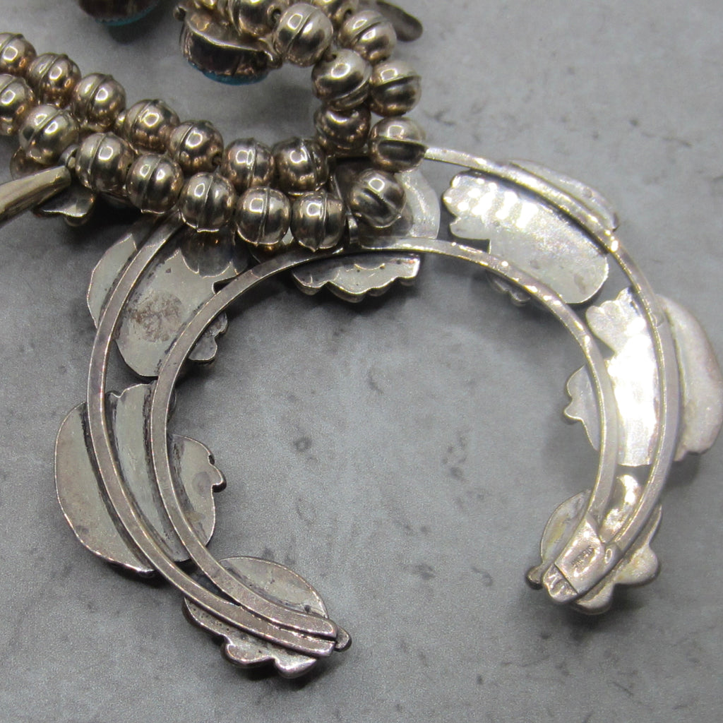 Vintage Navajo Sterling Silver Turquoise Squash Blossom Necklace, Circa 1970s