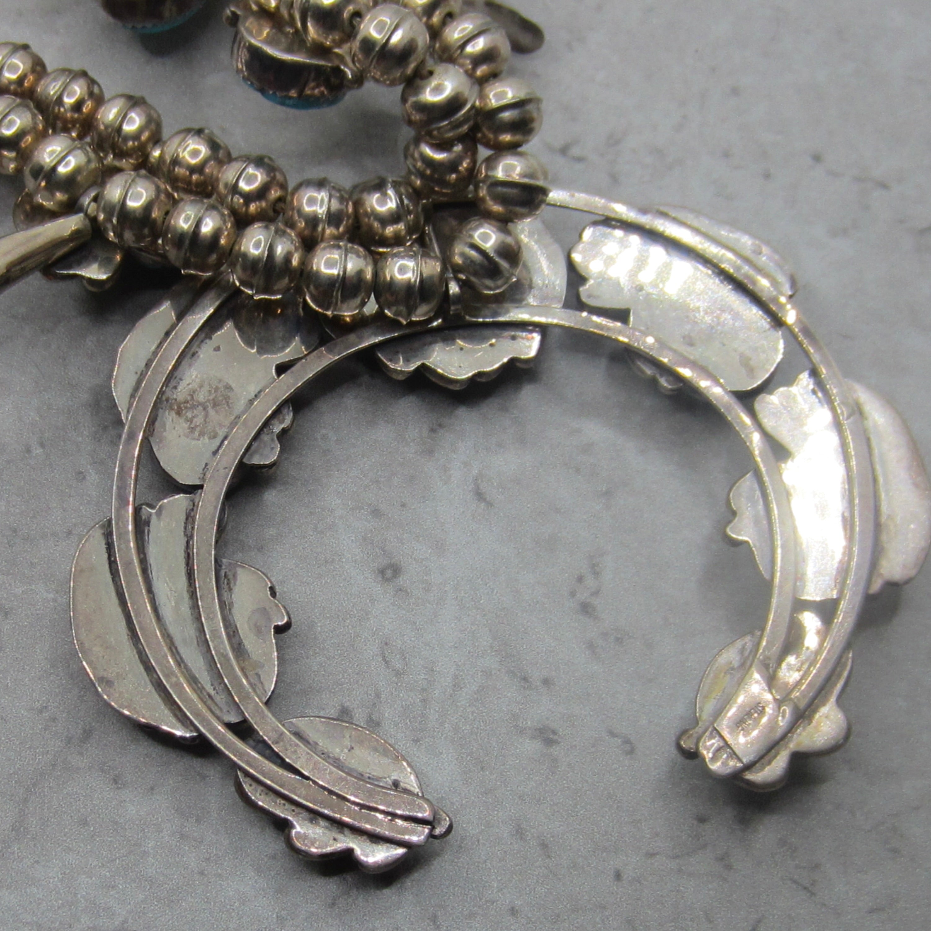 Vintage Navajo Sterling Silver Turquoise Squash Blossom Necklace, Circa 1970s