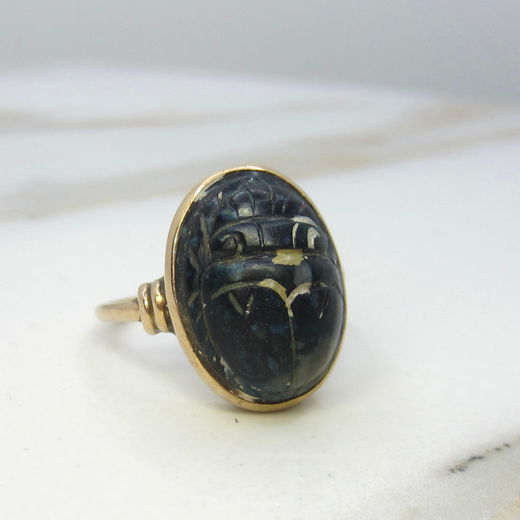 Vintage 14k Gold Egyptian Revival Carved Lazulite Scarab Ring c.1970s