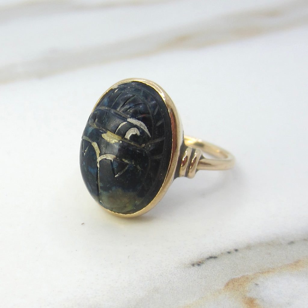 Vintage 14k Gold Egyptian Revival Carved Lazulite Scarab Ring c.1970s