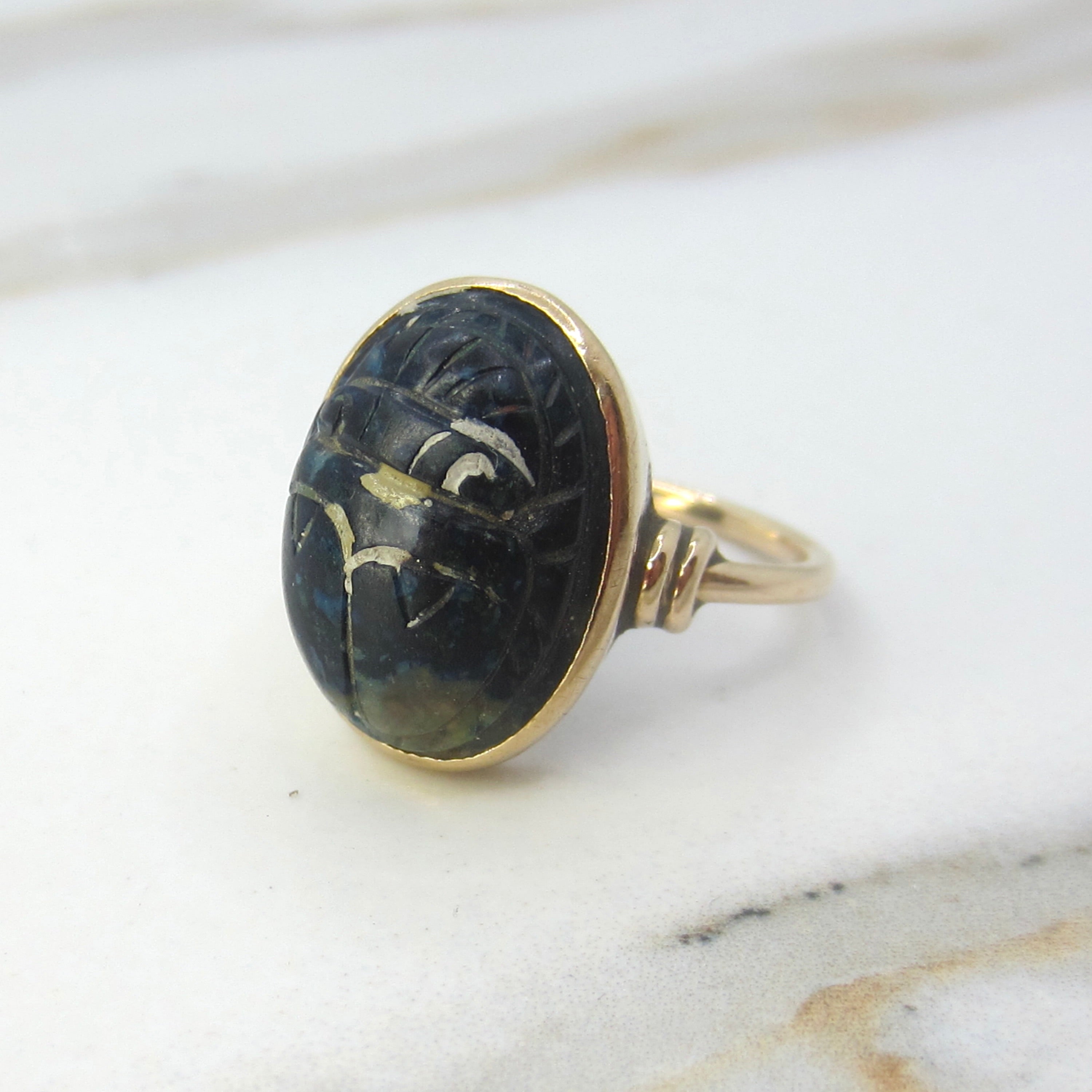 Vintage 14k Gold Egyptian Revival Carved Lazulite Scarab Ring c.1970s