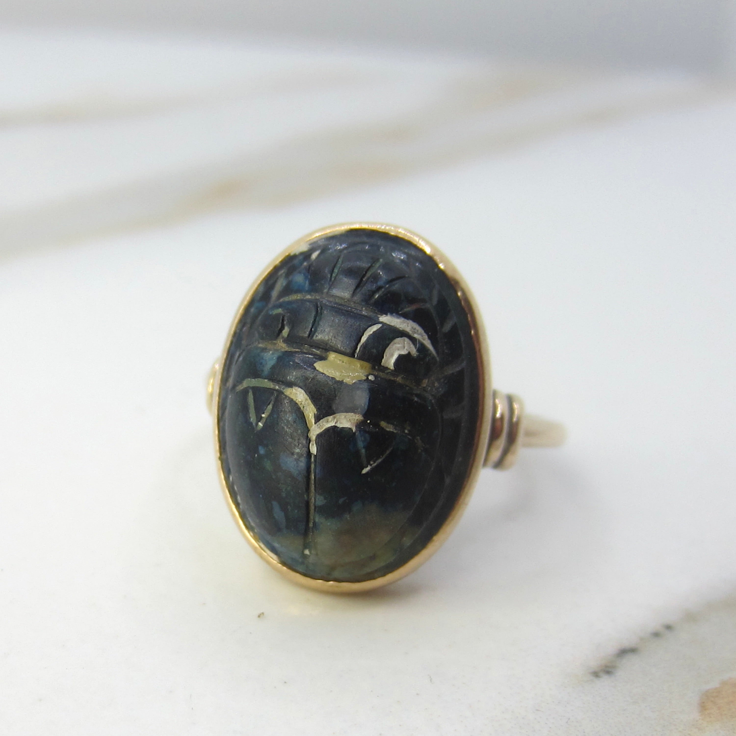 Vintage 14k Gold Egyptian Revival Carved Lazulite Scarab Ring c.1970s