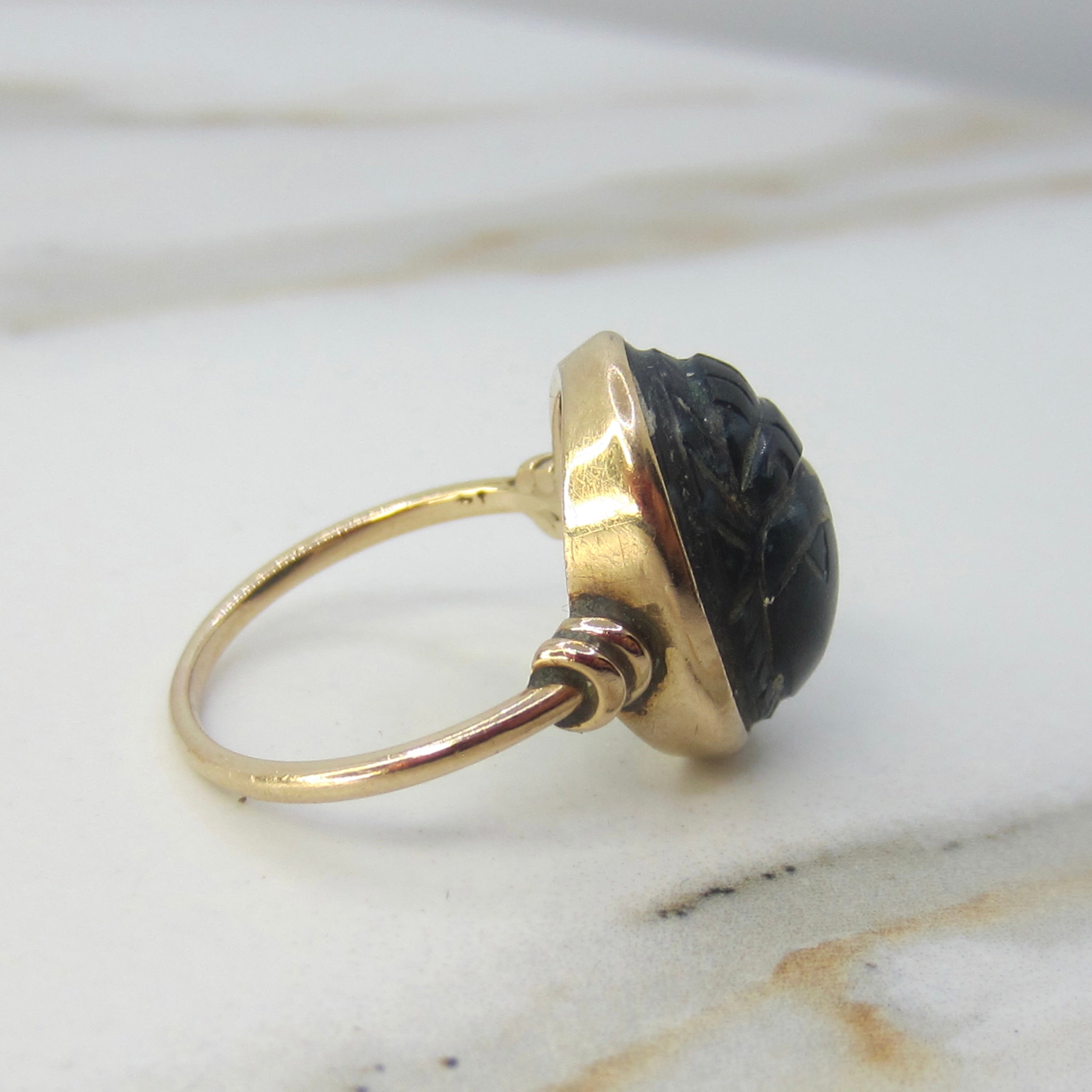 Vintage 14k Gold Egyptian Revival Carved Lazulite Scarab Ring c.1970s