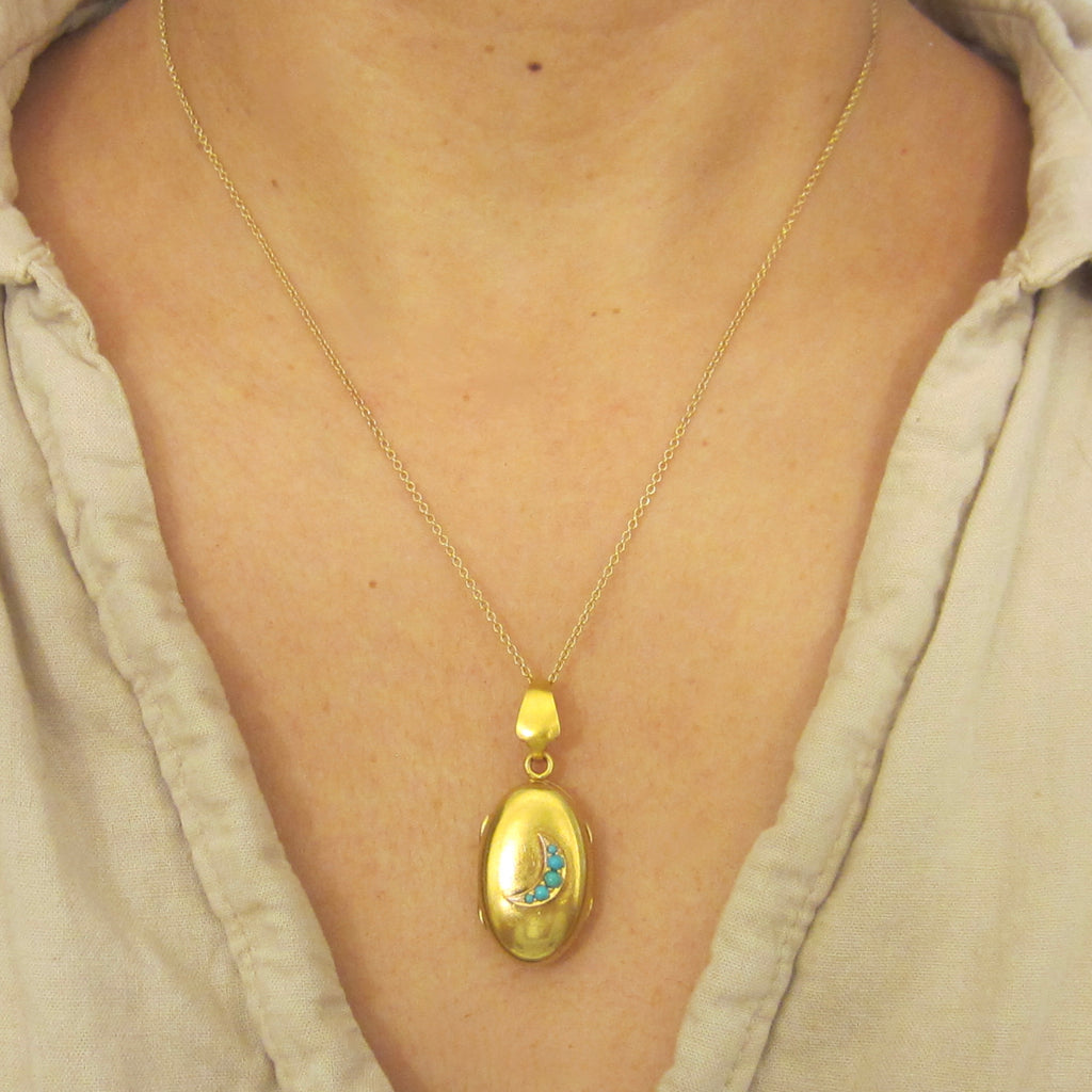 Antique Victorian 14k Gold and Turquoise Crescent Moon Locket c.1890s