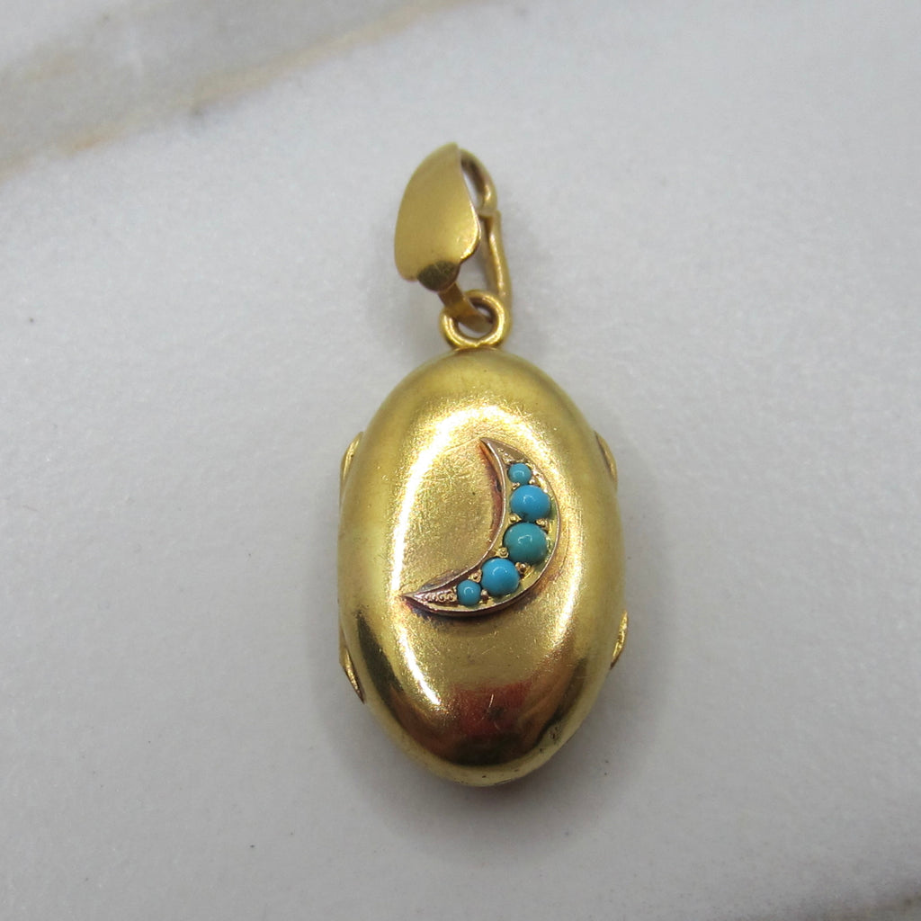 Antique Victorian 14k Gold and Turquoise Crescent Moon Locket c.1890s