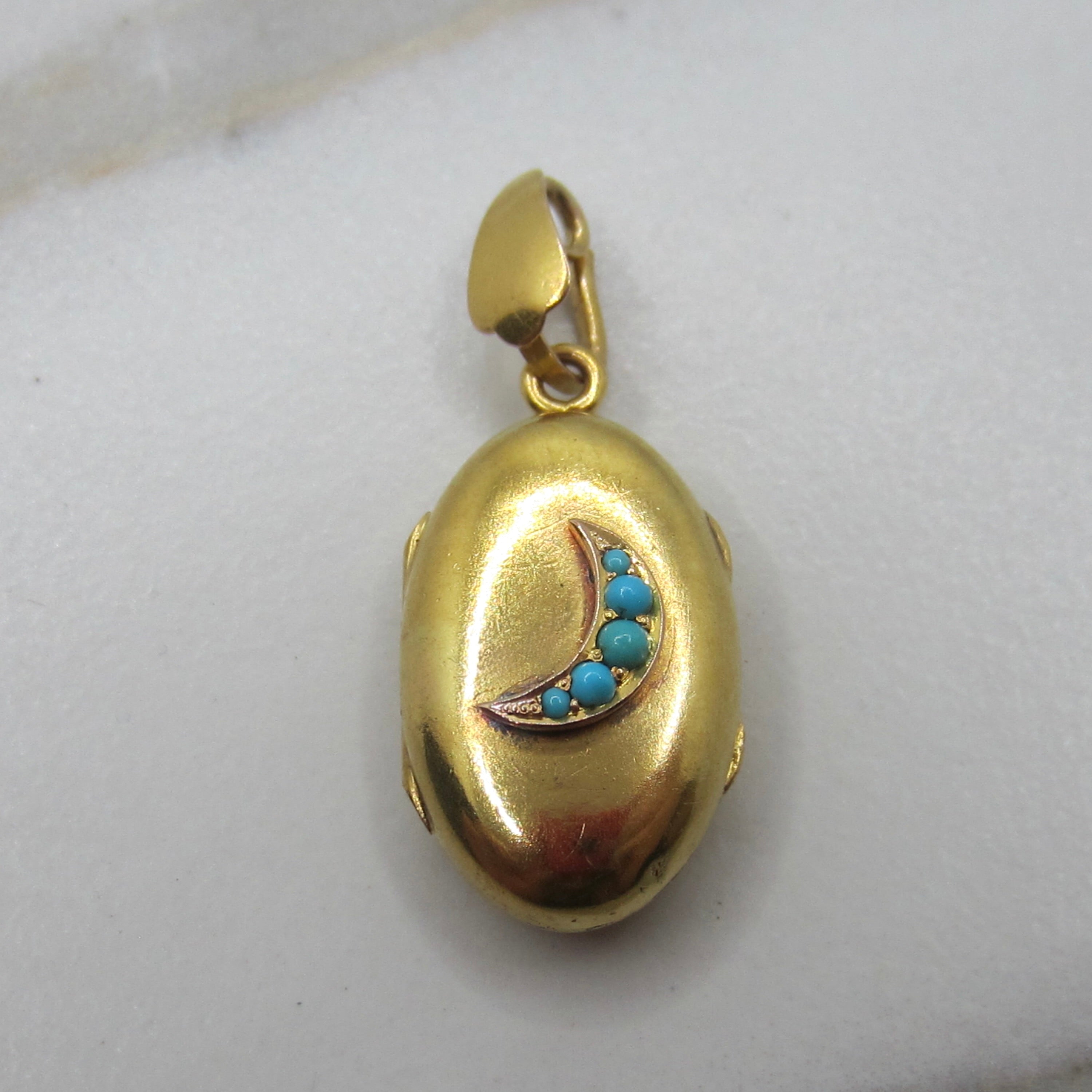 Antique Victorian 14k Gold and Turquoise Crescent Moon Locket c.1890s