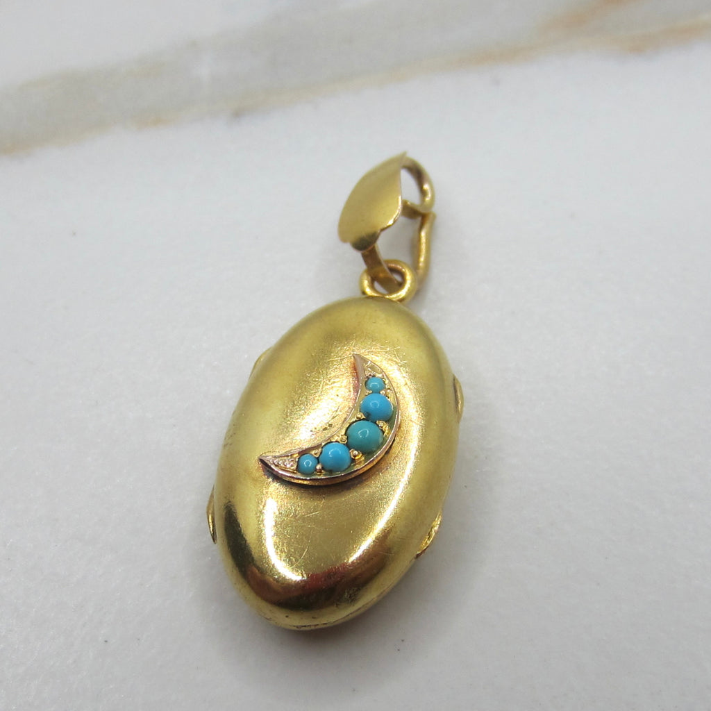 Antique Victorian 14k Gold and Turquoise Crescent Moon Locket c.1890s