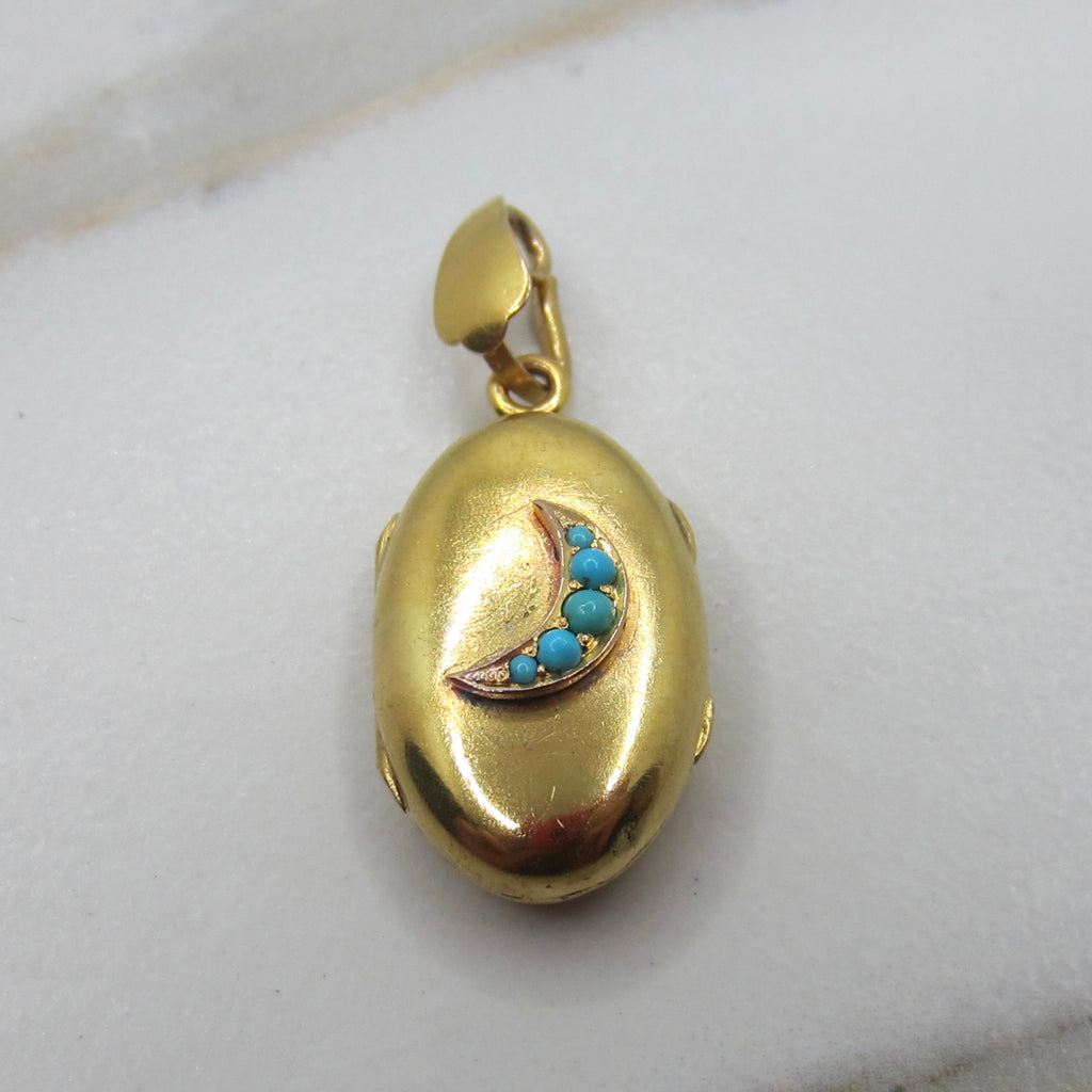 Antique Victorian 14k Gold and Turquoise Crescent Moon Locket c.1890s