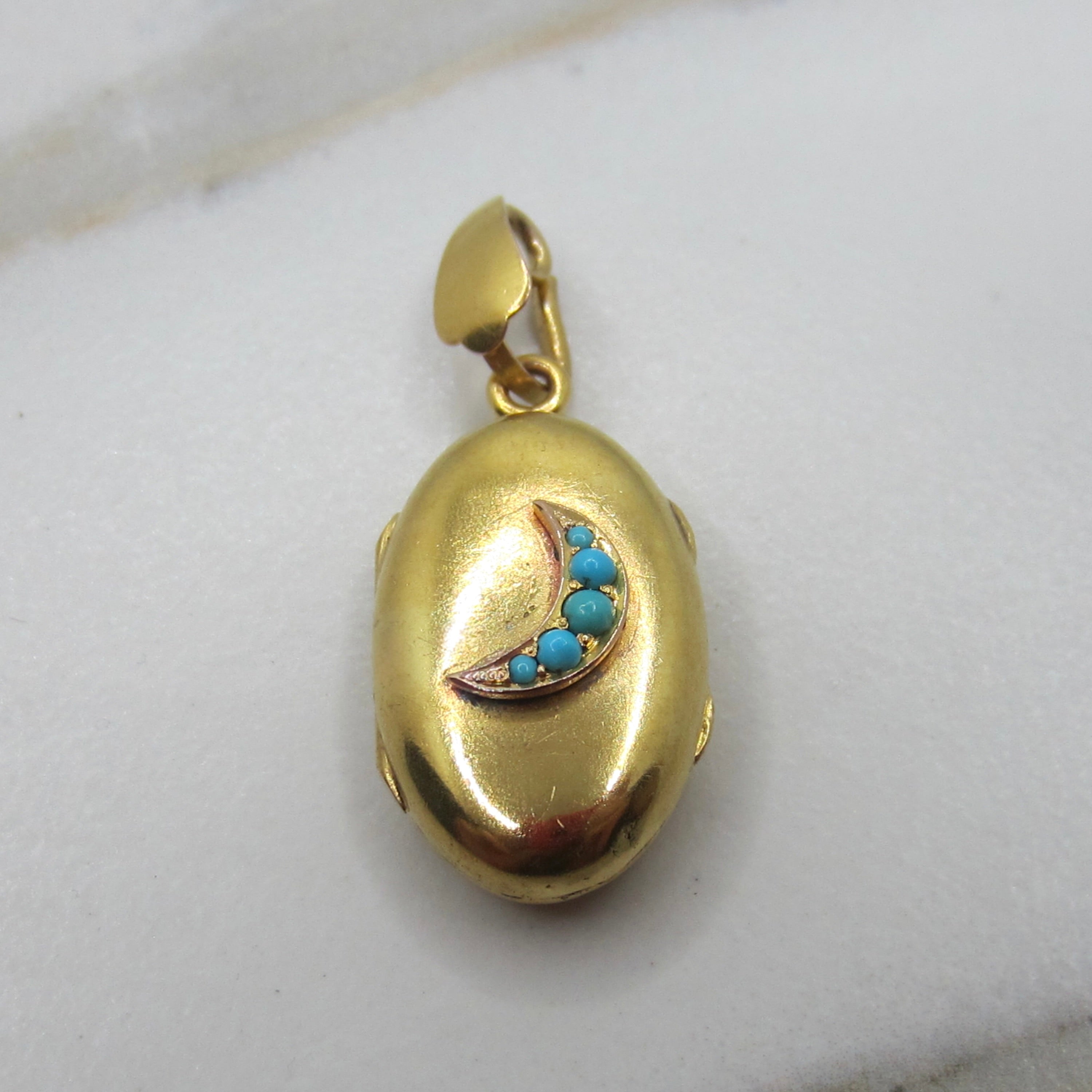 Antique Victorian 14k Gold and Turquoise Crescent Moon Locket c.1890s