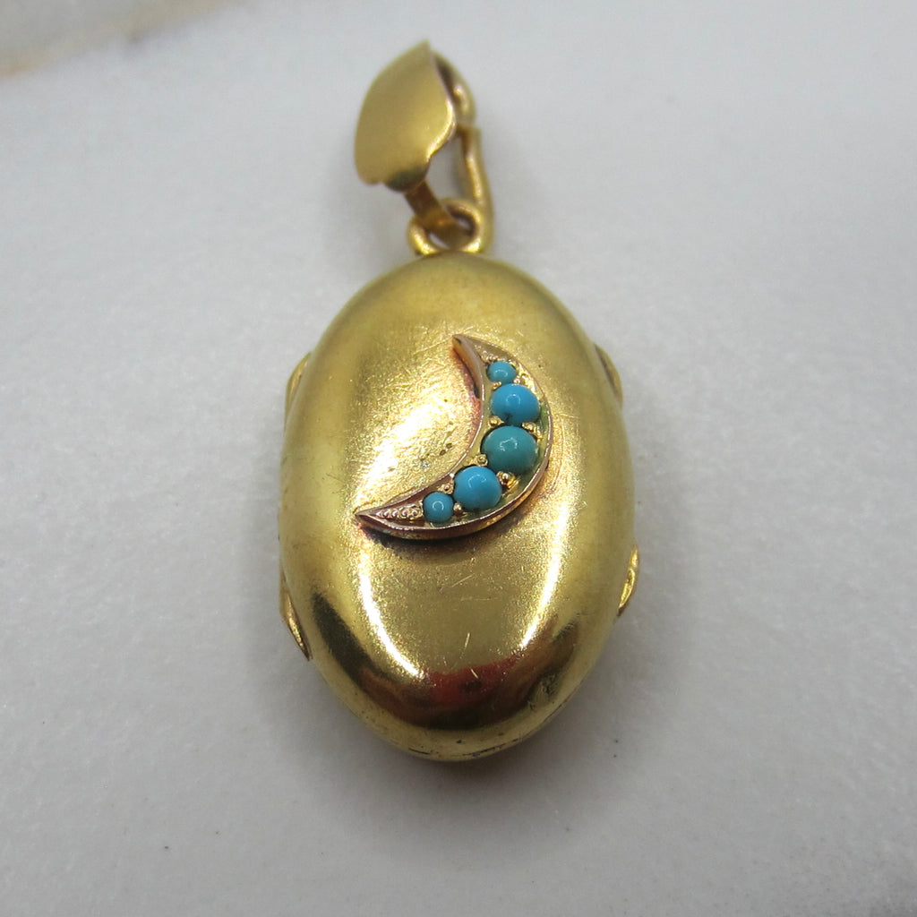Antique Victorian 14k Gold and Turquoise Crescent Moon Locket c.1890s