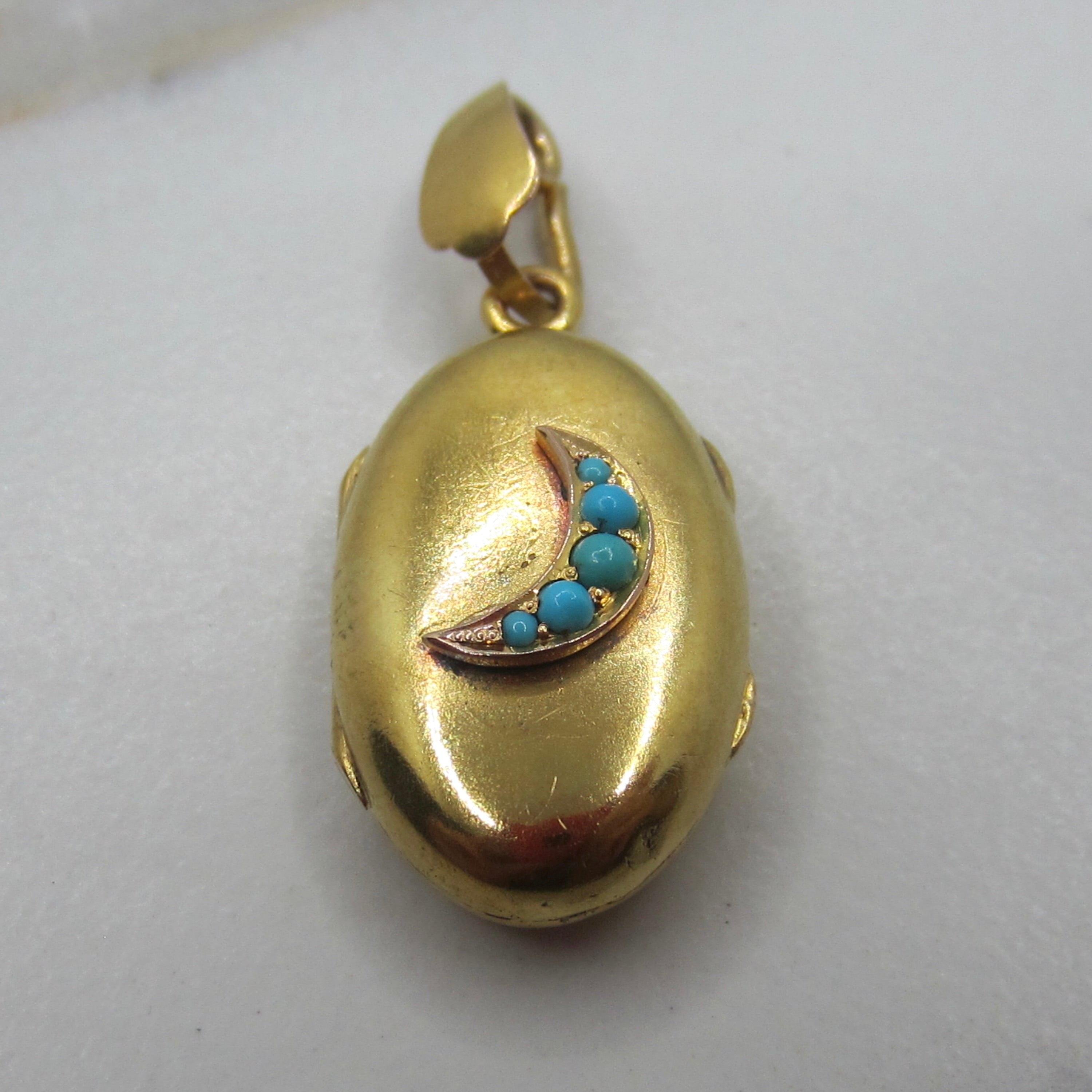 Antique Victorian 14k Gold and Turquoise Crescent Moon Locket c.1890s