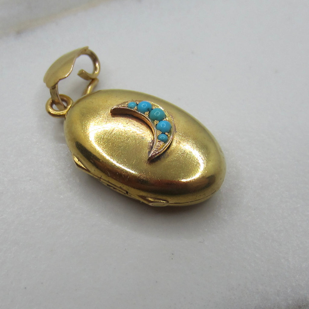 Antique Victorian 14k Gold and Turquoise Crescent Moon Locket c.1890s