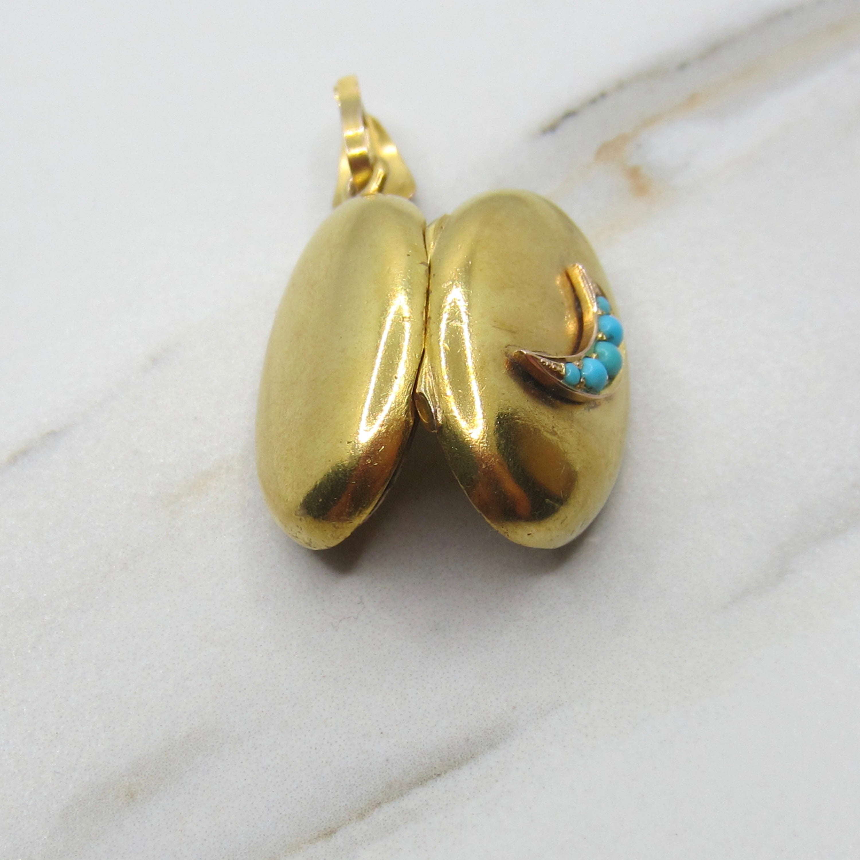 Antique Victorian 14k Gold and Turquoise Crescent Moon Locket c.1890s