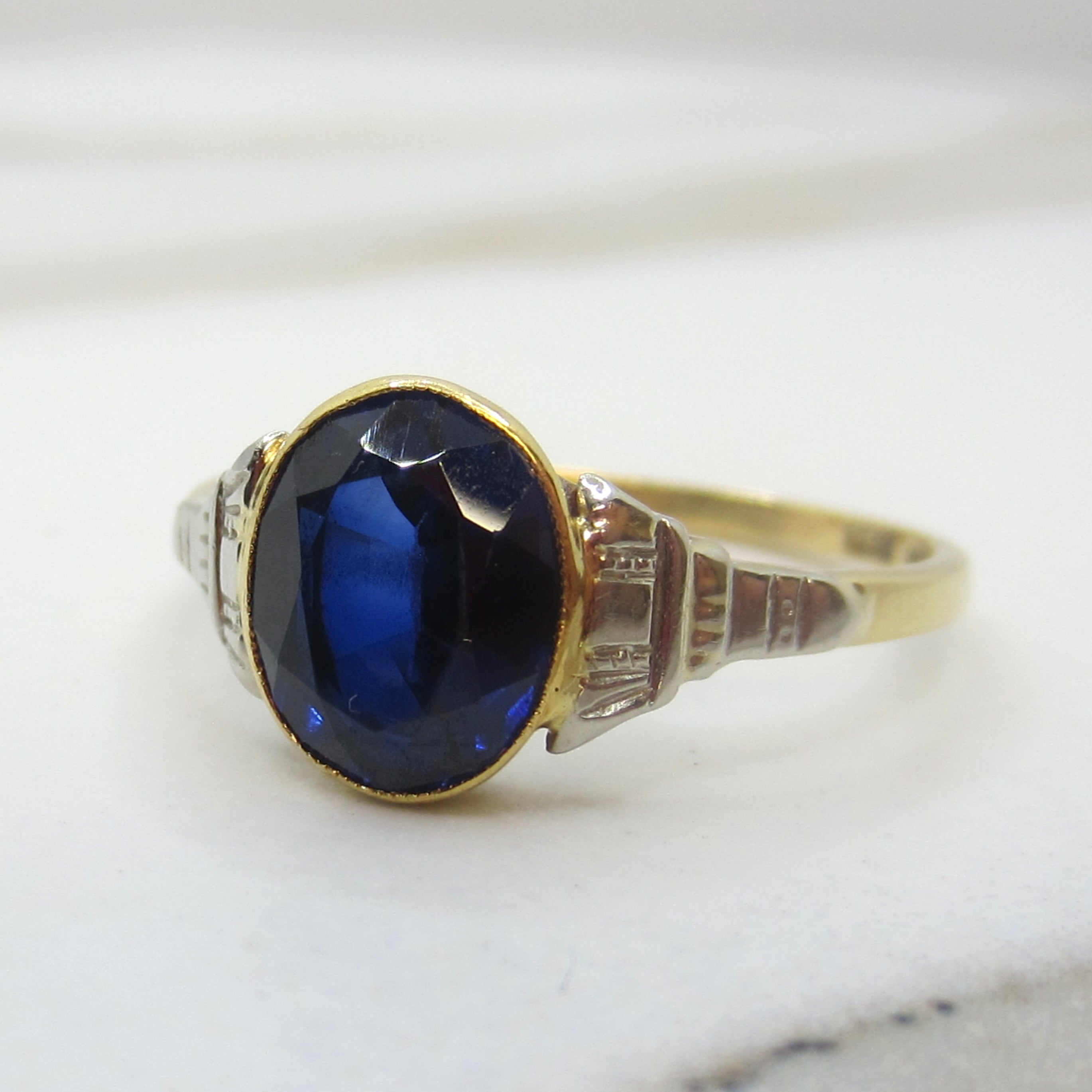 Vintage Art Deco 18k Gold Lab Sapphire Ring c.1930s