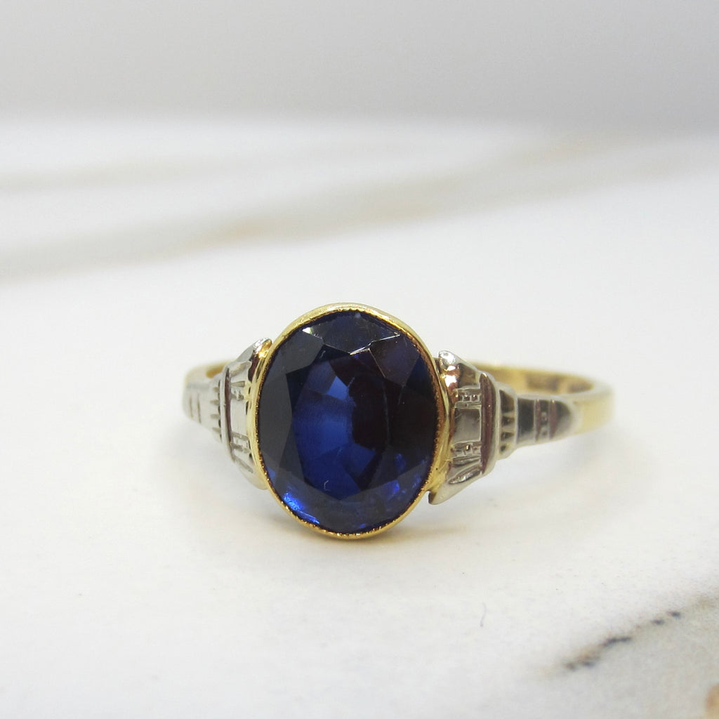 Vintage Art Deco 18k Gold Lab Sapphire Ring c.1930s