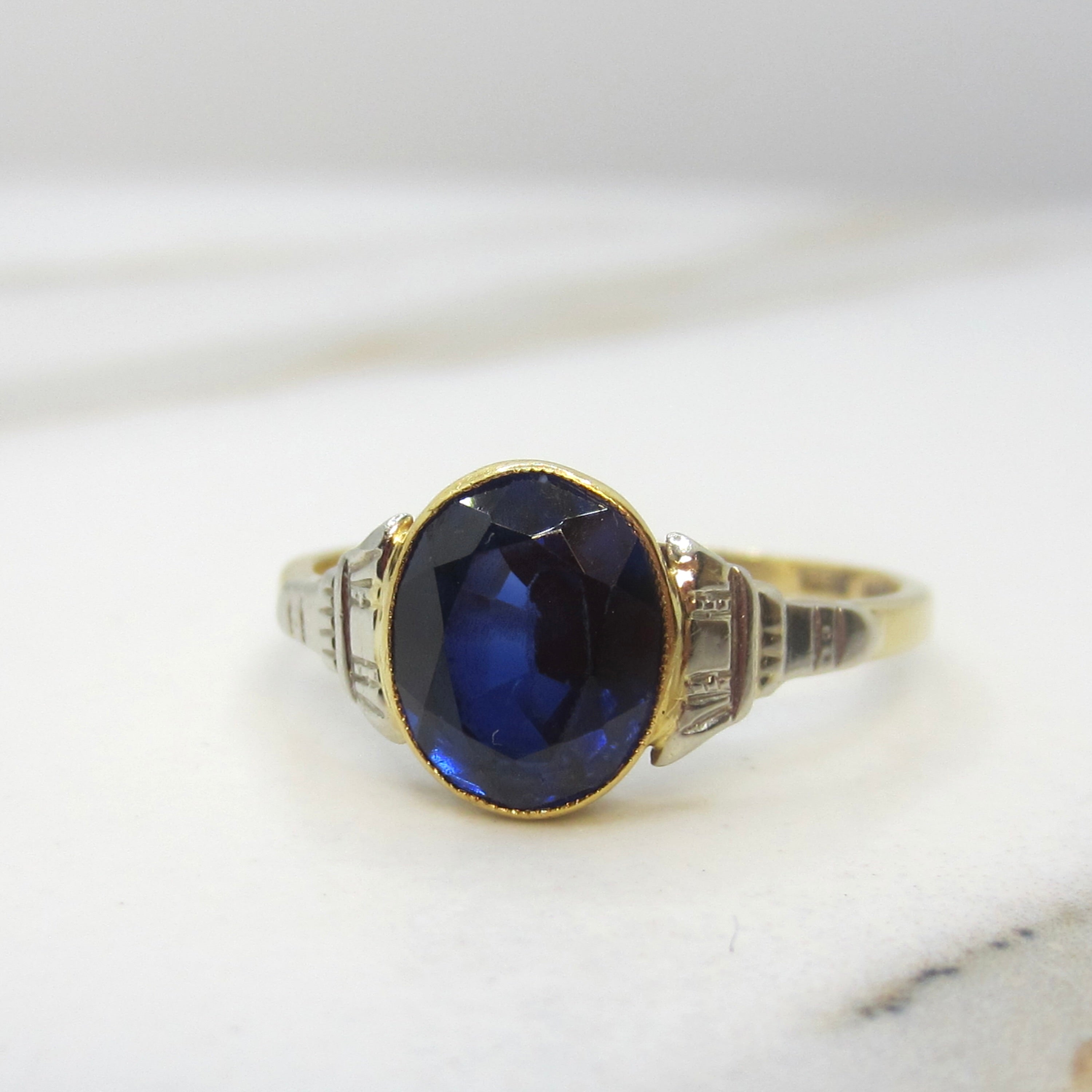 Vintage Art Deco 18k Gold Lab Sapphire Ring c.1930s