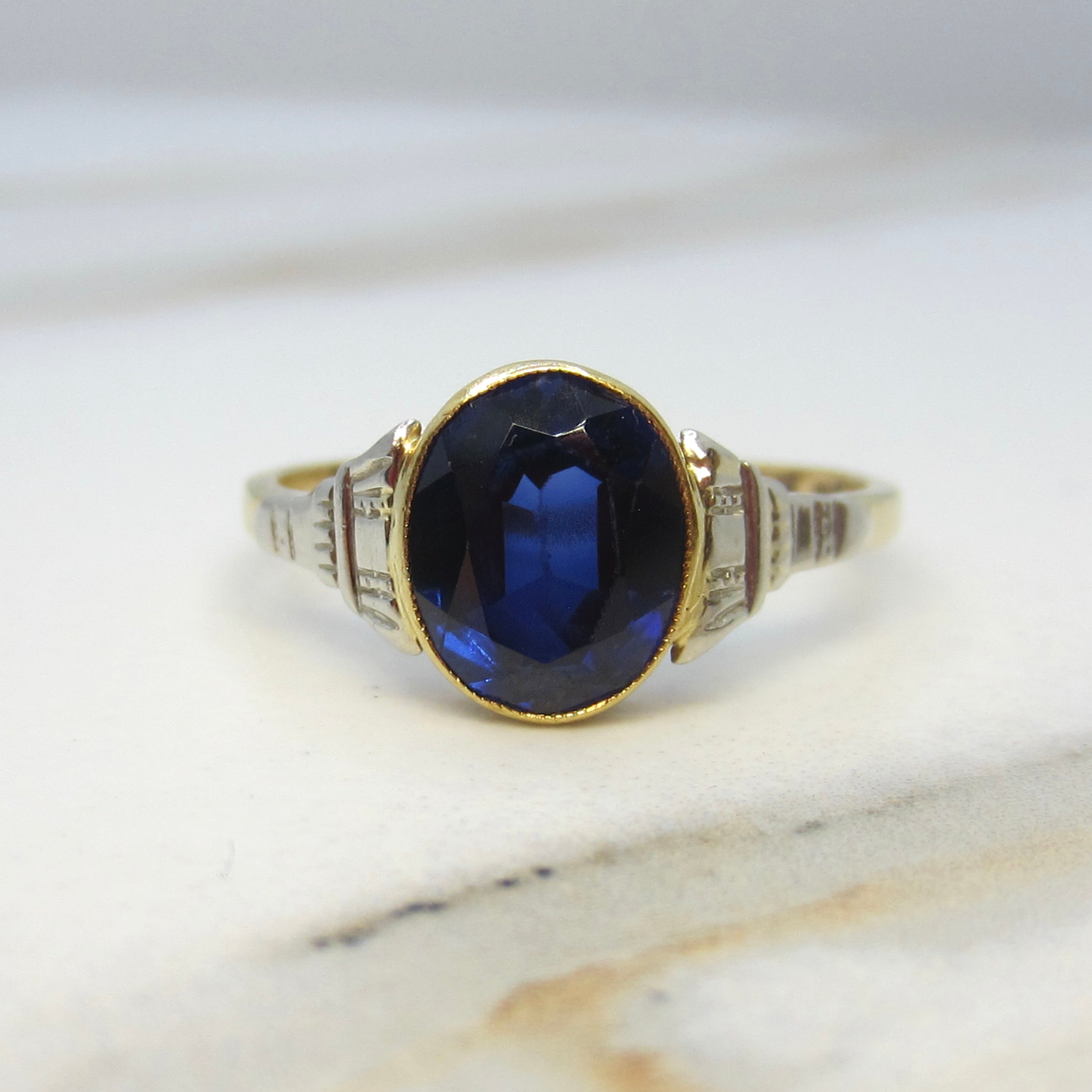 Vintage Art Deco 18k Gold Lab Sapphire Ring c.1930s