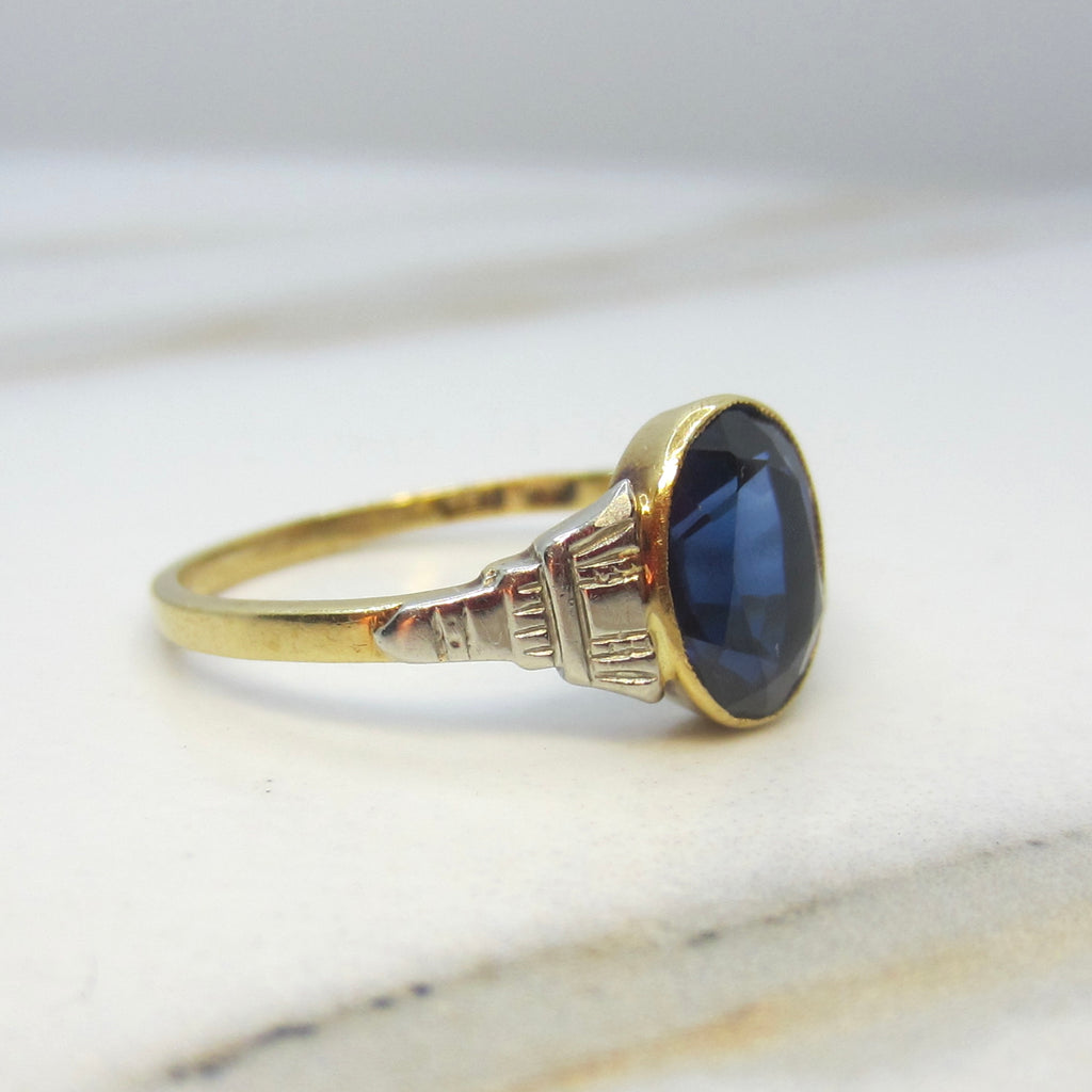 Vintage Art Deco 18k Gold Lab Sapphire Ring c.1930s