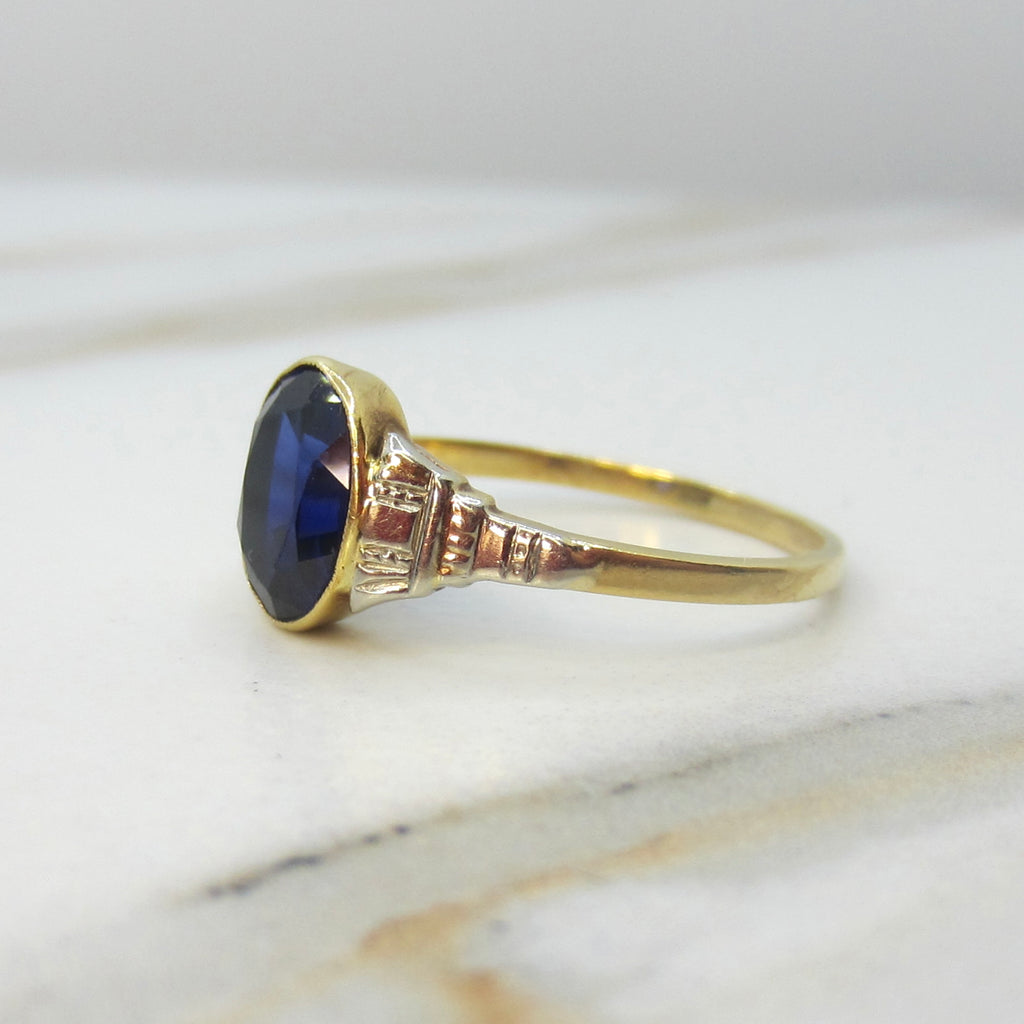 Vintage Art Deco 18k Gold Lab Sapphire Ring c.1930s