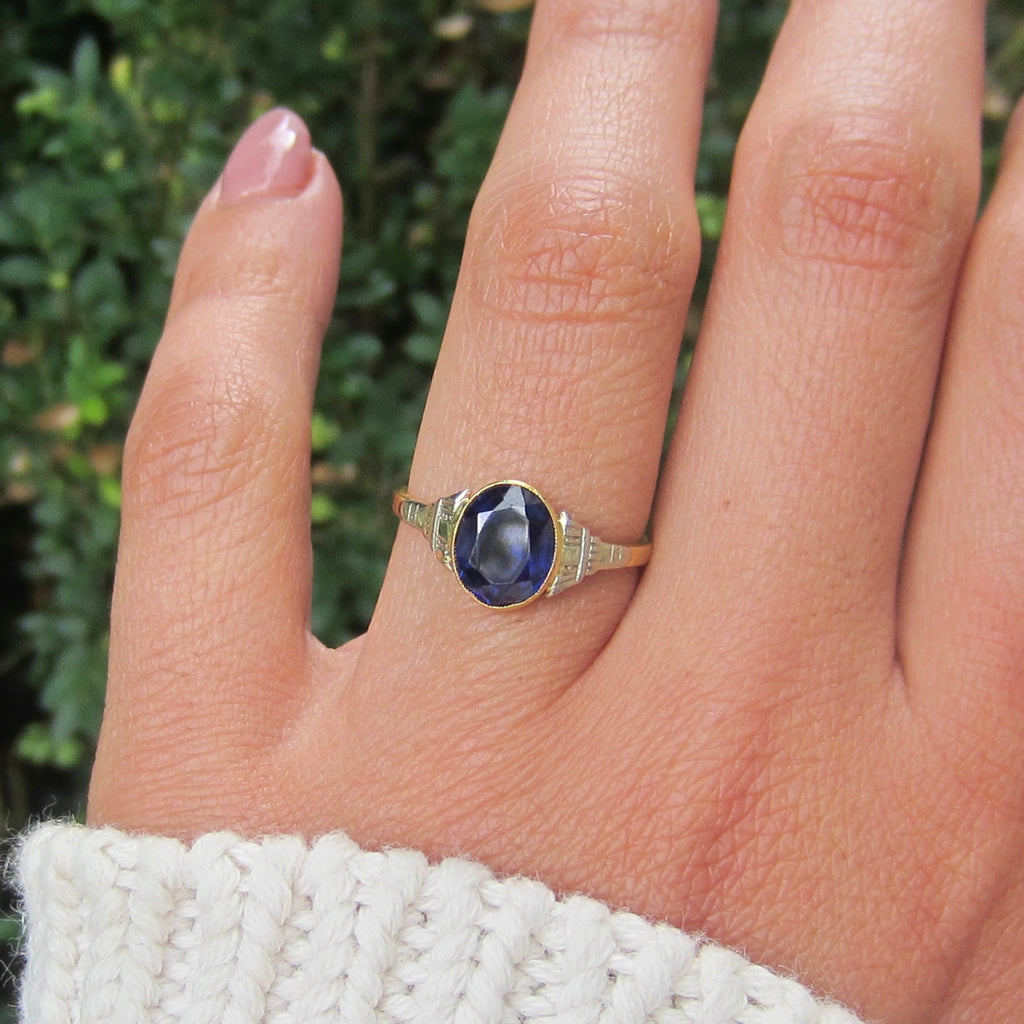 Vintage Art Deco 18k Gold Lab Sapphire Ring c.1930s